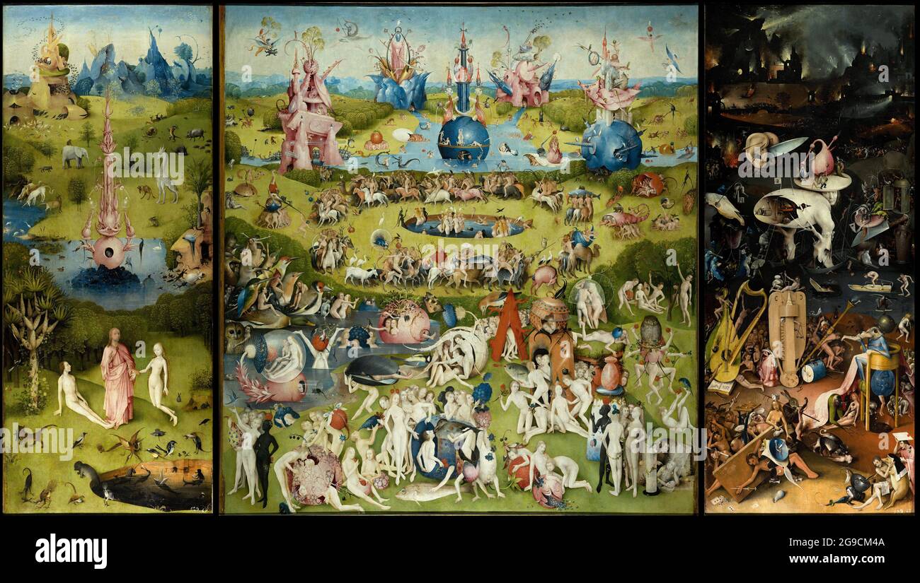 Title: The Garden of Earthly Delights Triptych Creator: Hieronymus Bosch Date: 1490 - 1500 Medium: oil on panel Dimensions: Width of the central panel: 172.5 cm.; Width of the wing: 76.5 cm. Location: Prado, Madrid, Spain Stock Photo