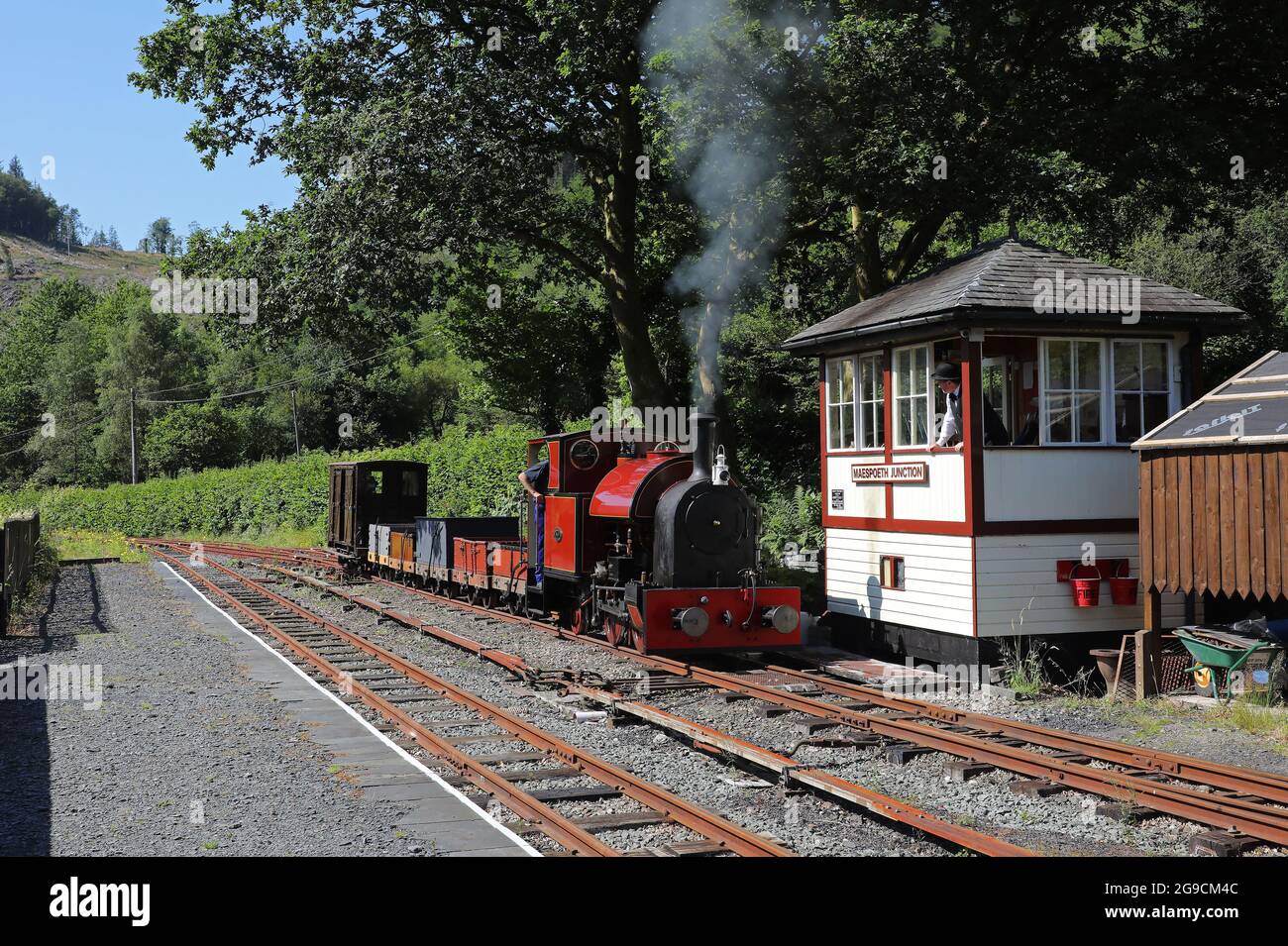 No7 gets away from Maespoeth station with a slate train on 19.7.21 on the Corris Railway. Stock Photo