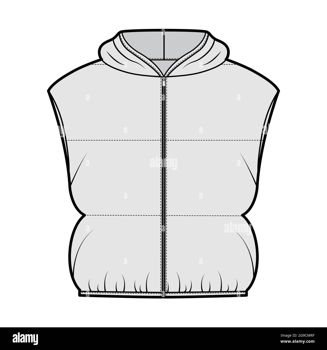 Hooded Down vest puffer waistcoat technical fashion illustration with ...