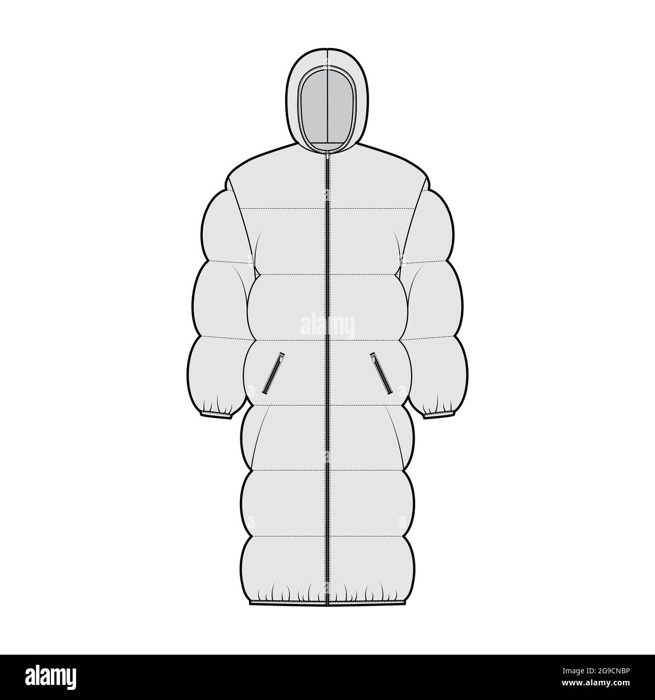 Down puffer coat jacket technical fashion illustration with long