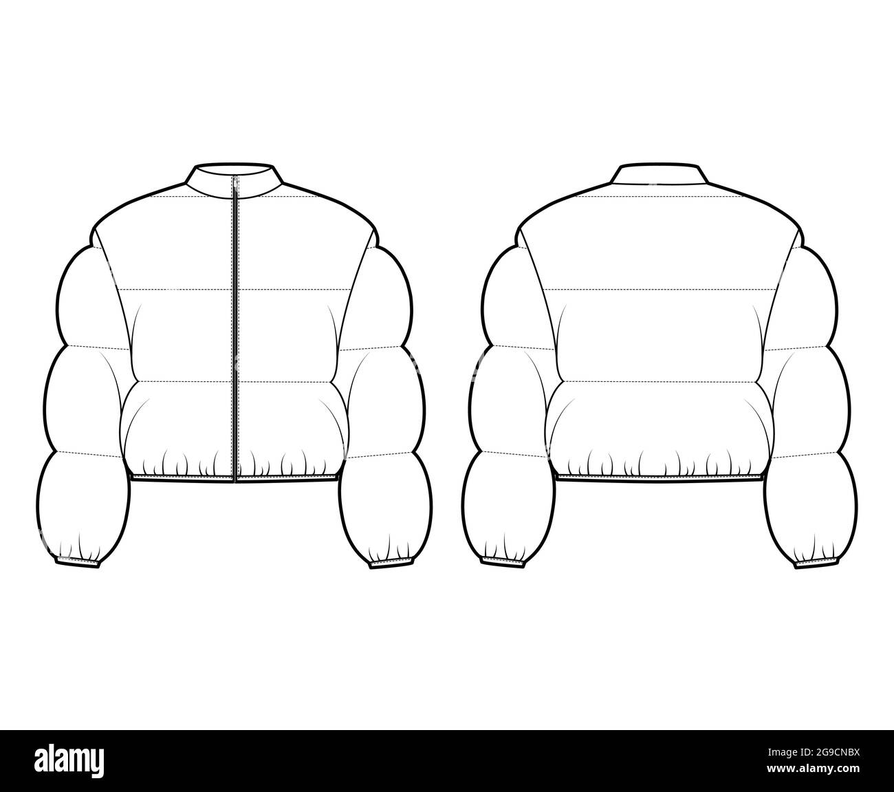 Down puffer jacket coat technical fashion illustration with long sleeves,  stand collar, zip-up closure, boxy