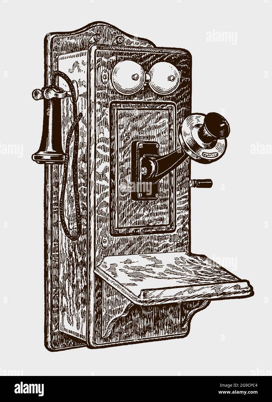Antique wooden wall mounted telephone from the early 20th century Stock Vector