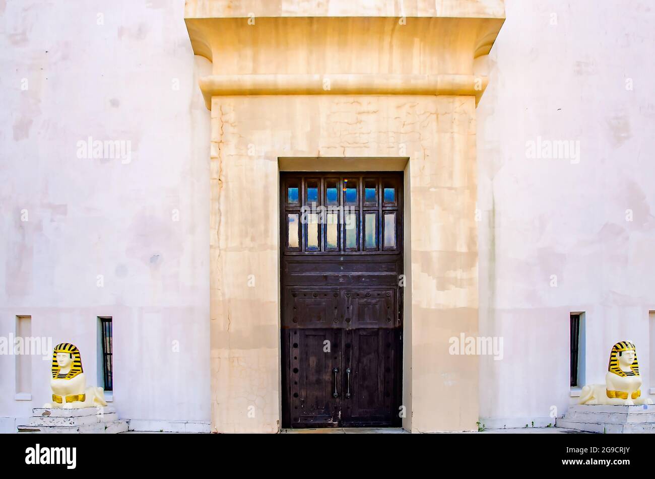 The Scottish Rite Temple, also known as The Temple Downtown, features two sphynx statues at the entrance, July 23, 2021, in Mobile, Alabama. Stock Photo