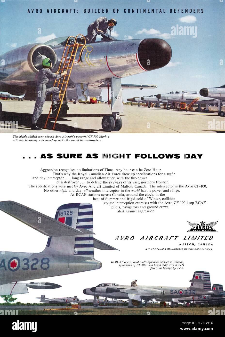 1955 British advertisement for the Avro Canada CF-100 Canuck twin jet fighter aircraft. Stock Photo
