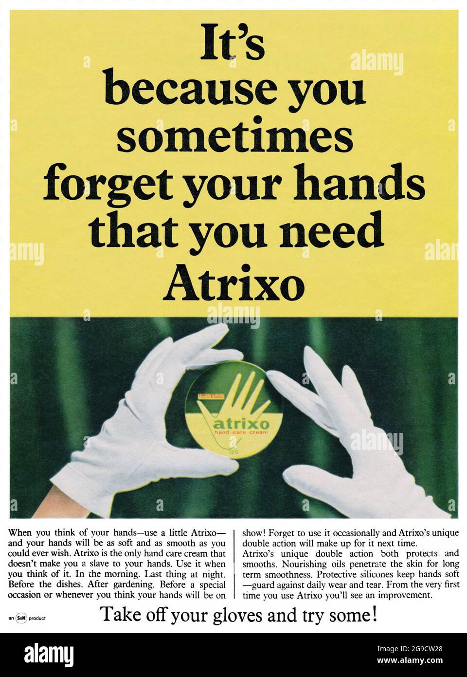 1968 British advertisement for Atrixo hand care cream. Stock Photo