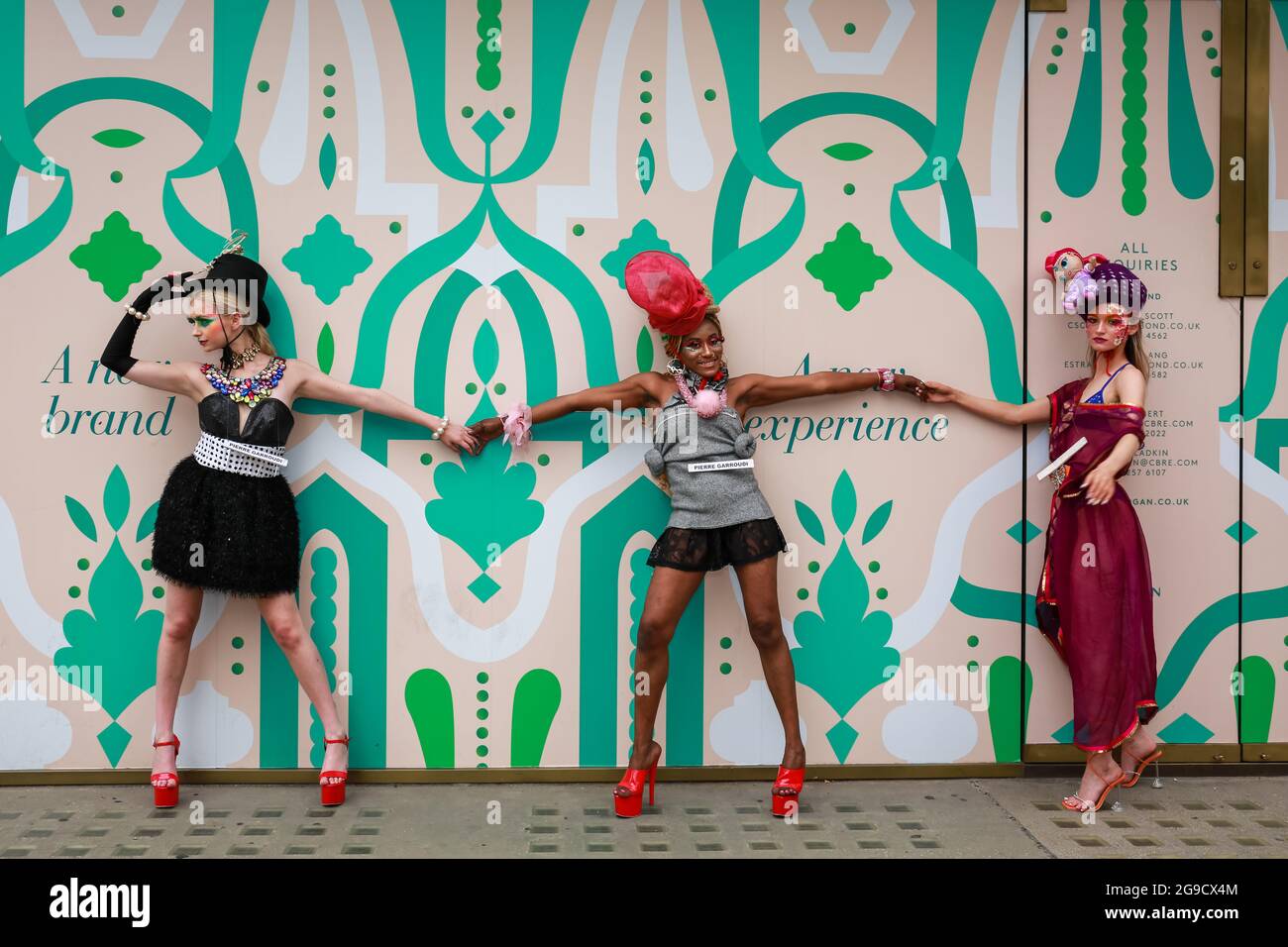 London, UK. 24 July 2021. The models attends a flash mob fashion show in Knightsbridge for designer Pierre Garroudi. Credit: Waldemar Sikora Stock Photo