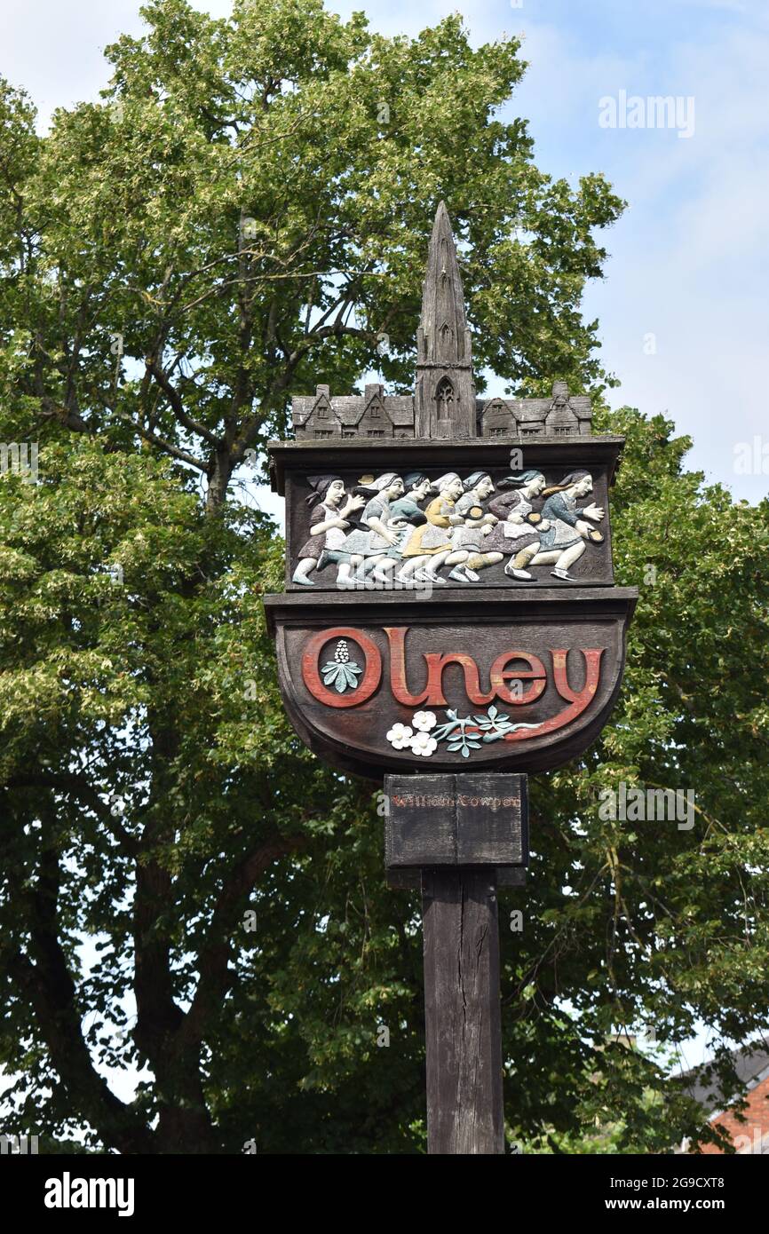 Olney Town signpost in the market square. Stock Photo