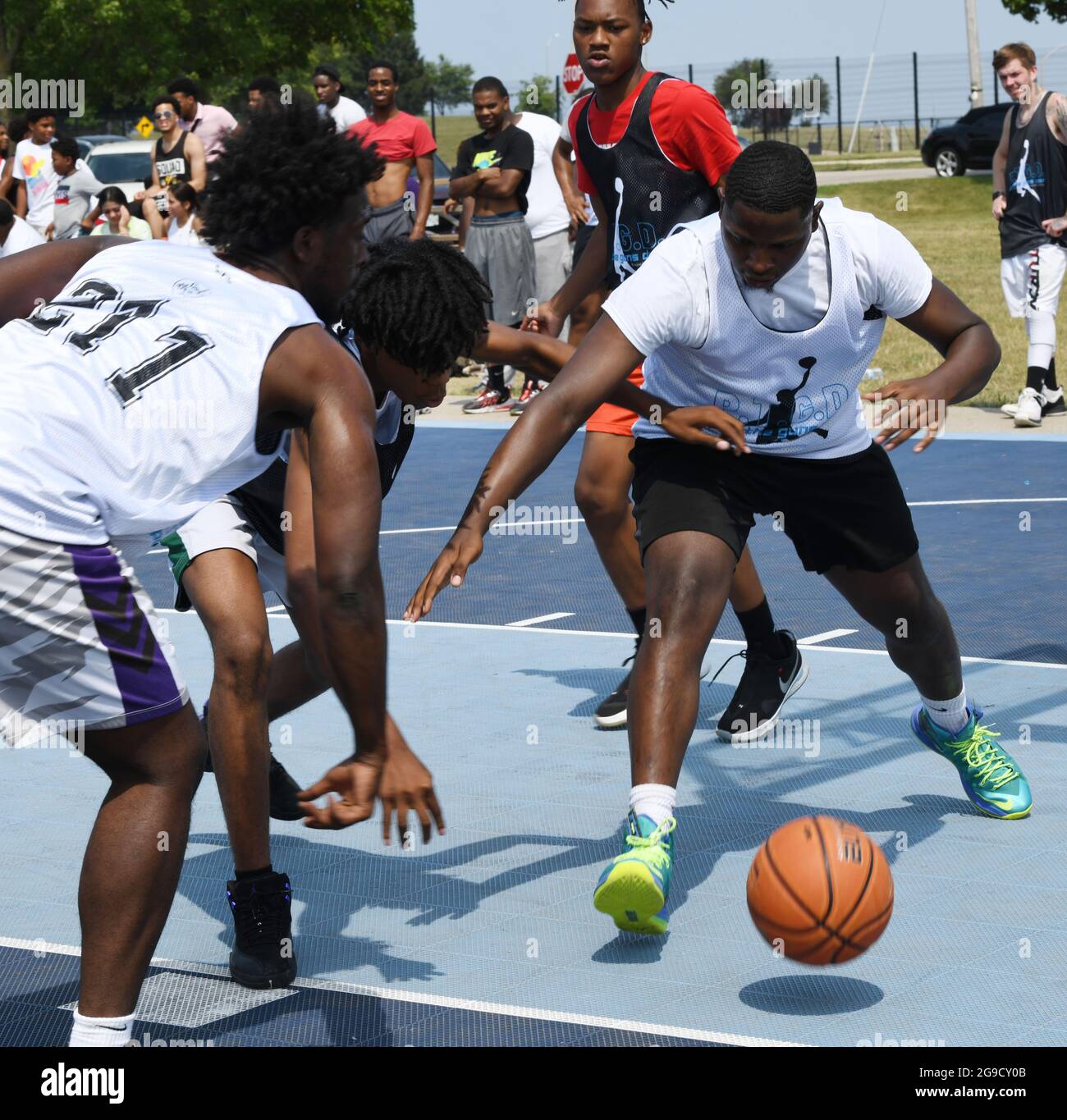 Racine, Wisconsin, USA. 25th July, 2021. LLB plays LJH in a game in the new  Put the Guns Down Basketball Association (PTGDBA) league at the Dr. John  Bryant Community Center in Racine,