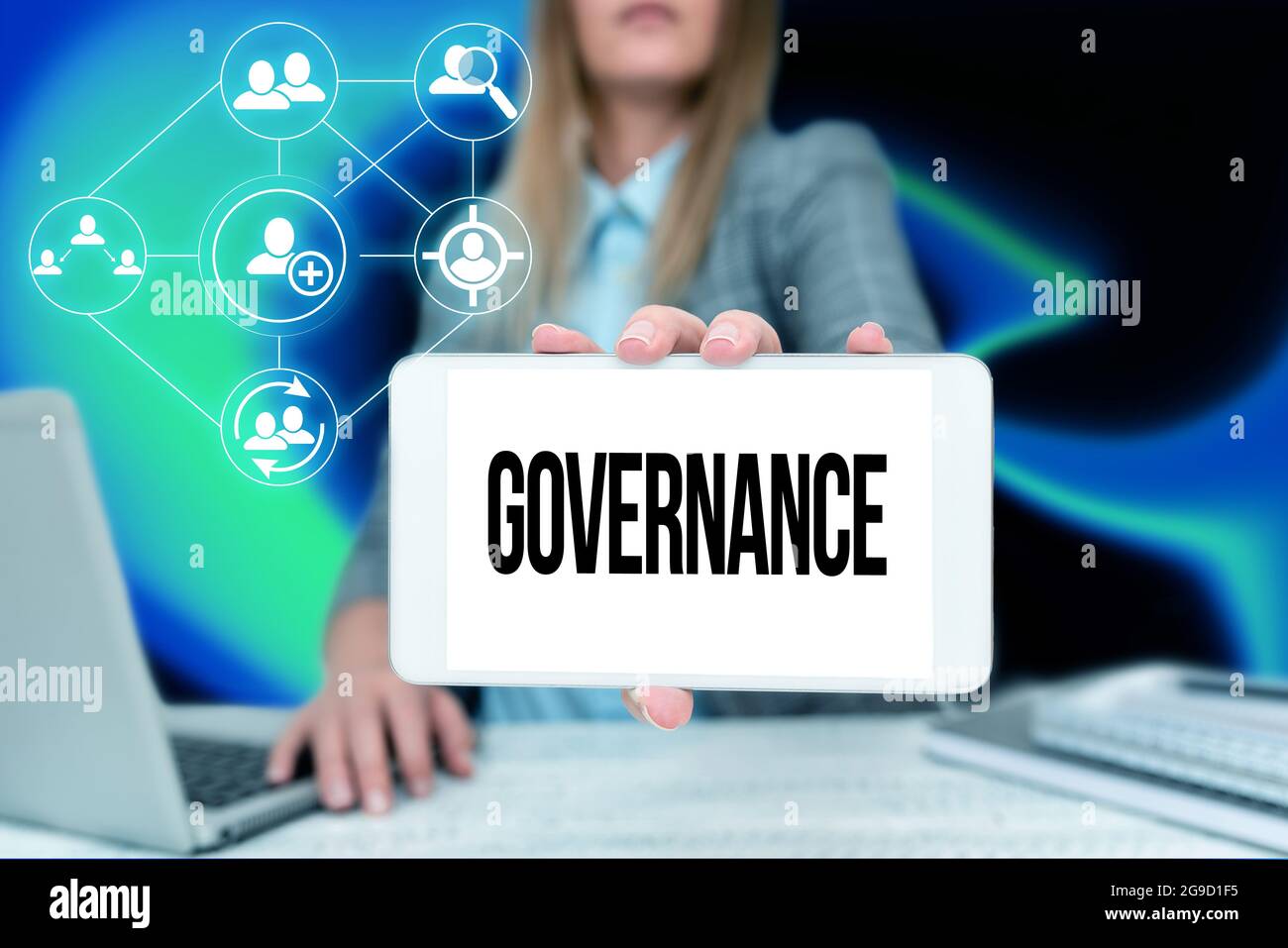 Text caption presenting Governance. Word Written on exercised in handling an economic situation in a nation Business Woman Sitting In Office Holding Stock Photo