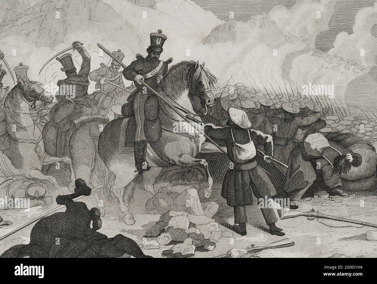 Spain. First Carlist War (1833-1840). Civil war that confronted Carlists, supporters of the Infante Carlos María Isidro de Borbón, against the Isabelinos (Elizabethans), defenders of Isabel II and the regent María Cristina de Borbón. Northern Front. Attack by Liberal troops on the road to Legazpia. Illustration by Manuel Miranda. Engraving by Pedro Celestino Maré. Detail. Panorama Español, Crónica Contemporánea. Madrid, 1842. Author: d. ca.1880). Spanish engraver. MANUEL MIRANDA. 19th century Spanish artist. Pedro Celestino Maré (fl.1842-1862. Stock Photo