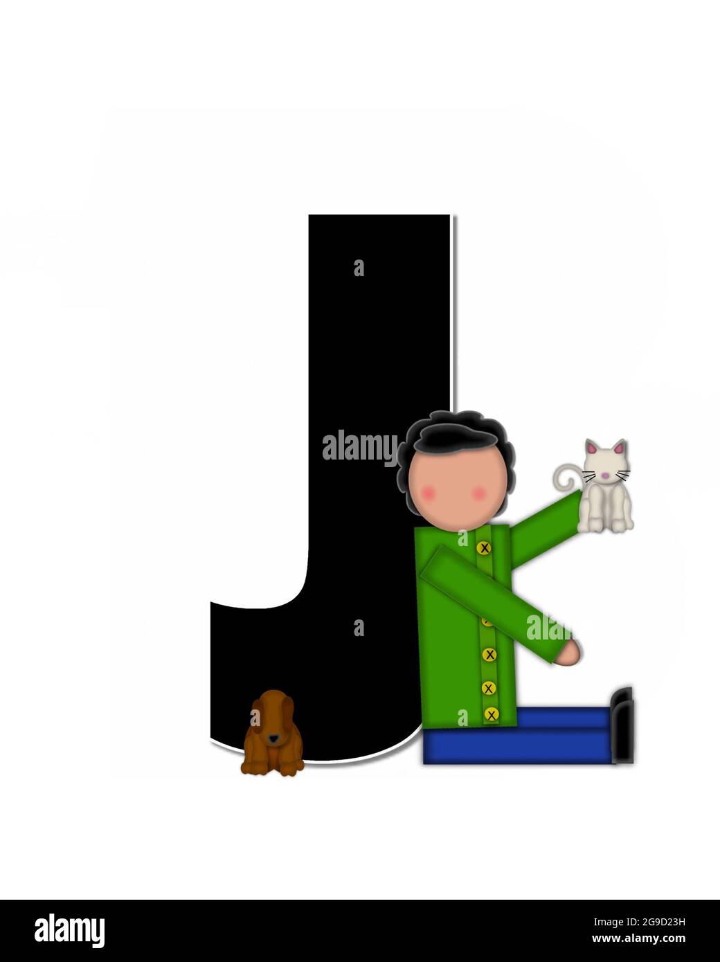 The letter J, in the alphabet set "Children Play Time," is decorated a child holding toys that