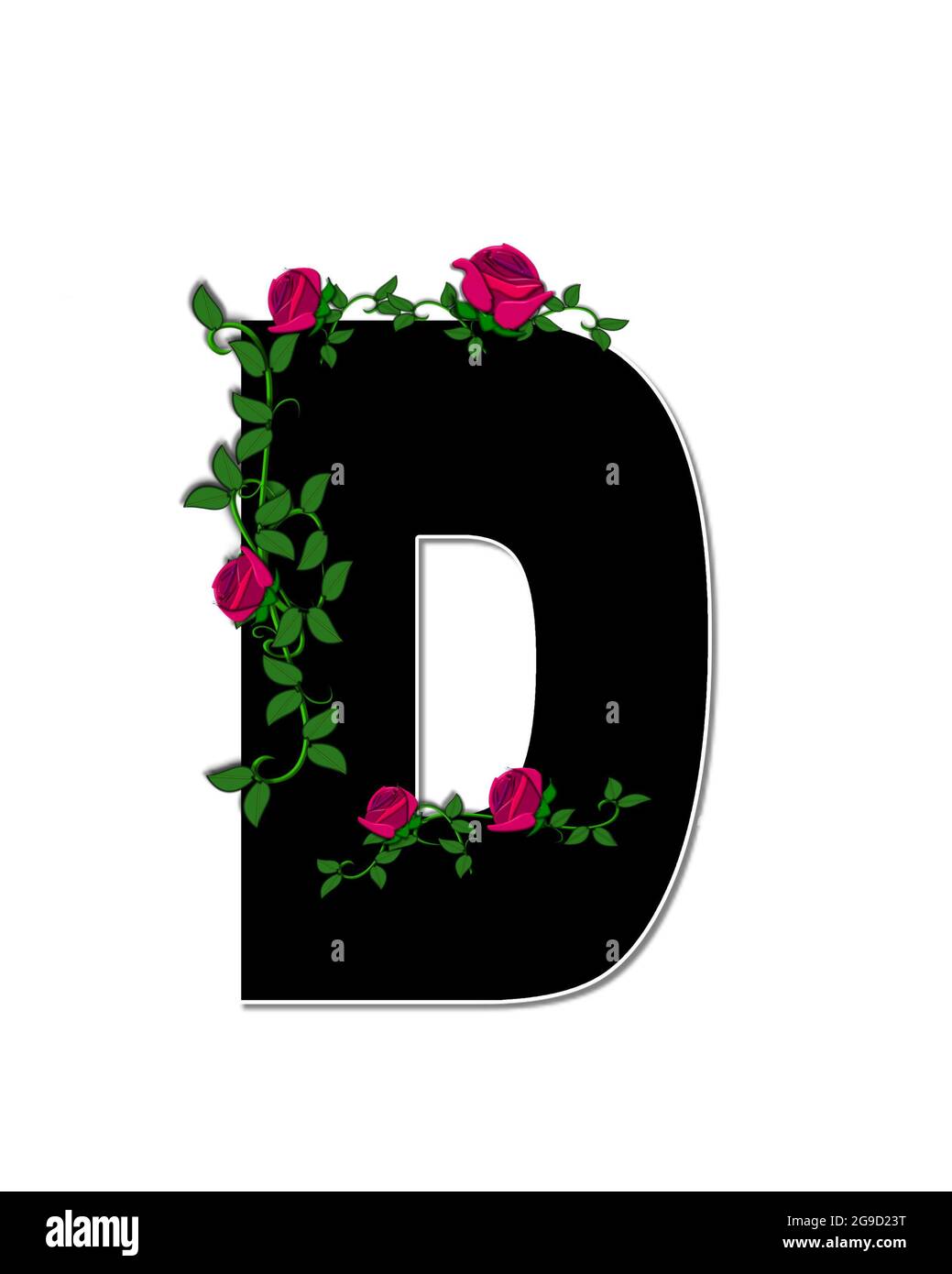 The letter D, in the alphabet set 'Rose Trellis,' is black with white outline.  Roses and vines grow and spread around letter. Stock Photo