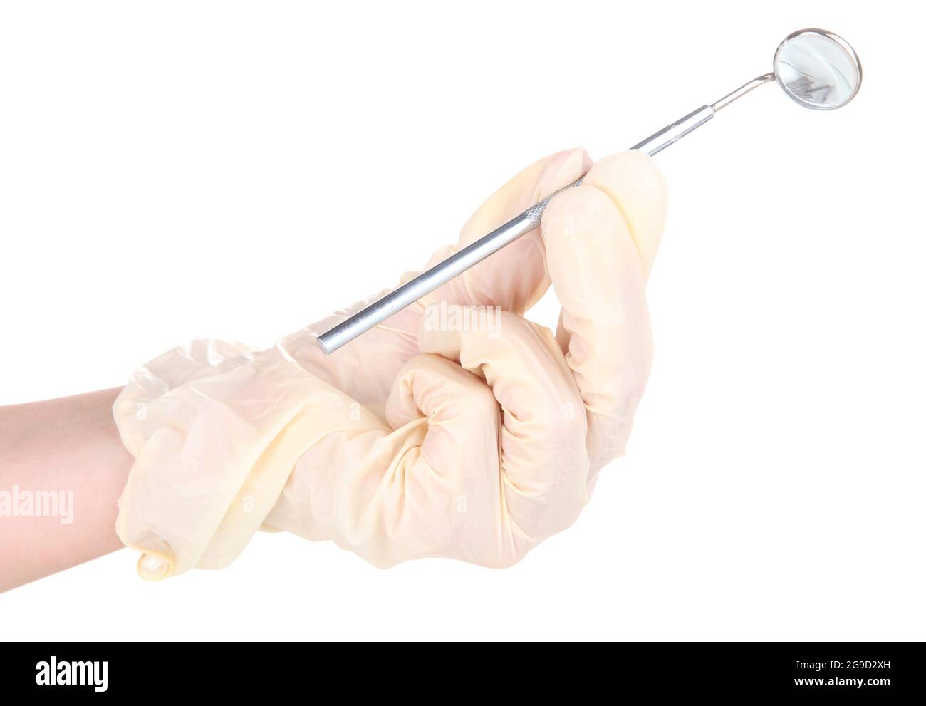 Dental mirror in dentists hands isolated on white Stock Photo Alamy