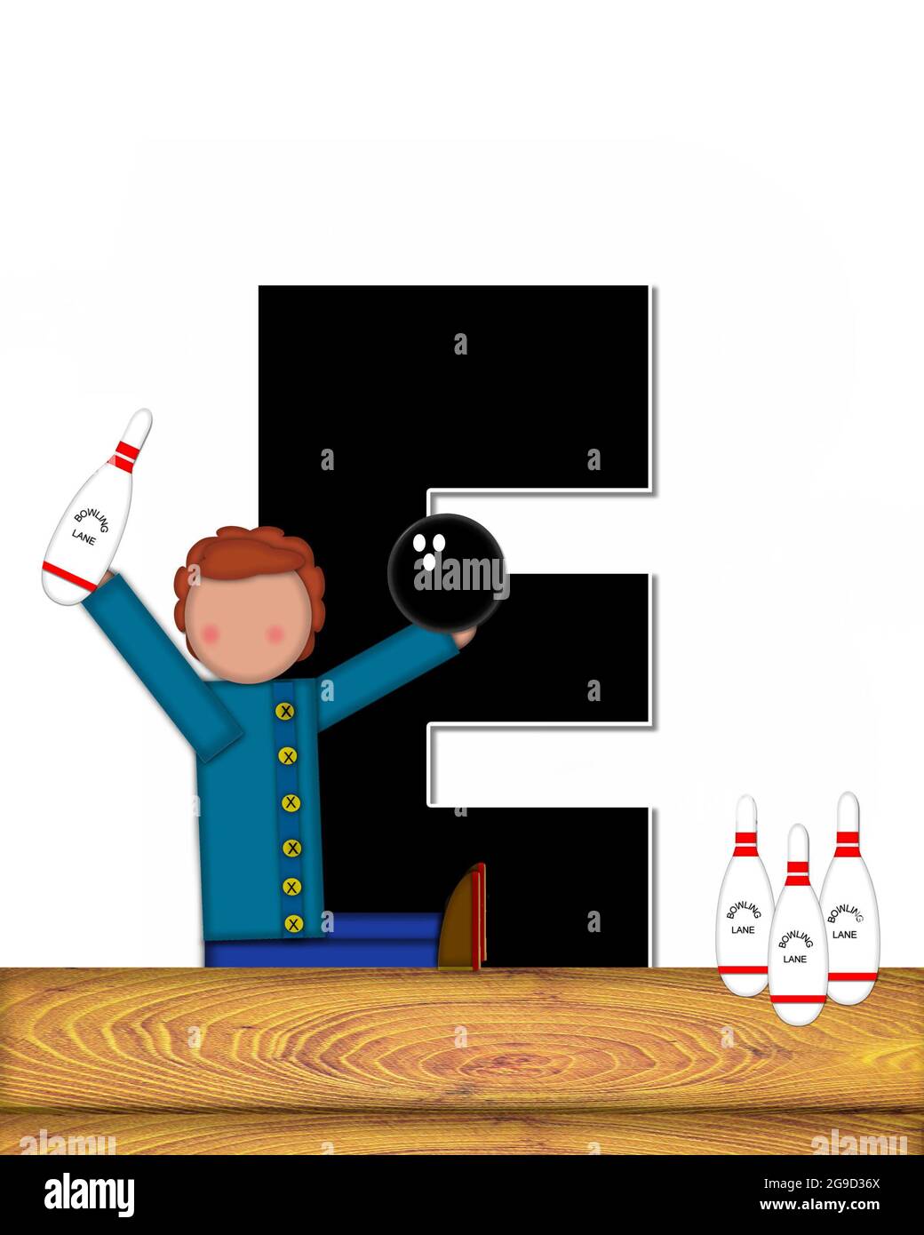 The letter E, in the alphabet set 'Children Bowling Lane,' is decorated wooden floor, bowling pins and bowling ball.  Child is learning the sport of b Stock Photo