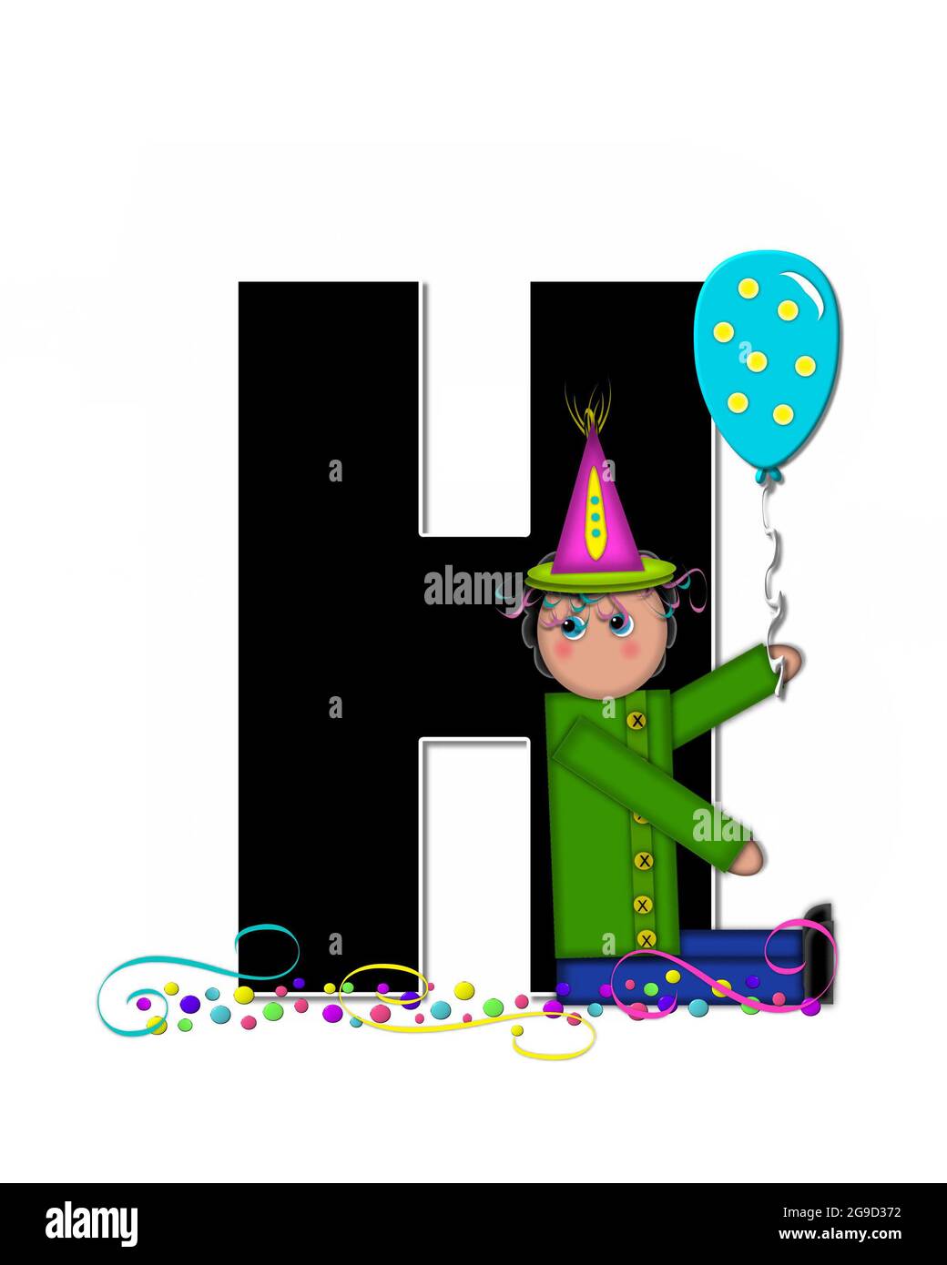 The letter H, in the alphabet set "Children Birthday Celebration" is black and trimmed with