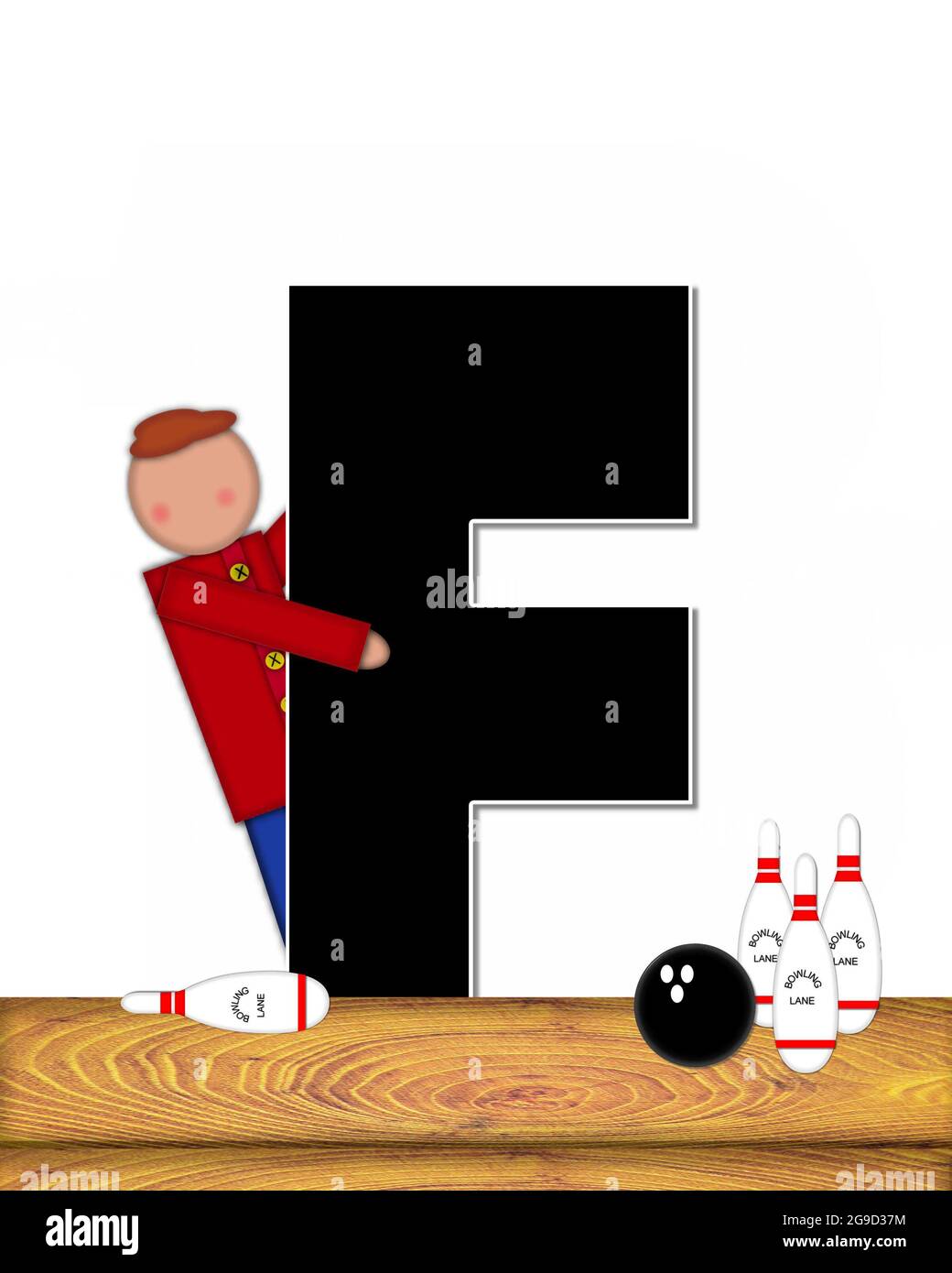 The letter F, in the alphabet set 'Children Bowling Lane,' is decorated wooden floor, bowling pins and bowling ball.  Child is learning the sport of b Stock Photo