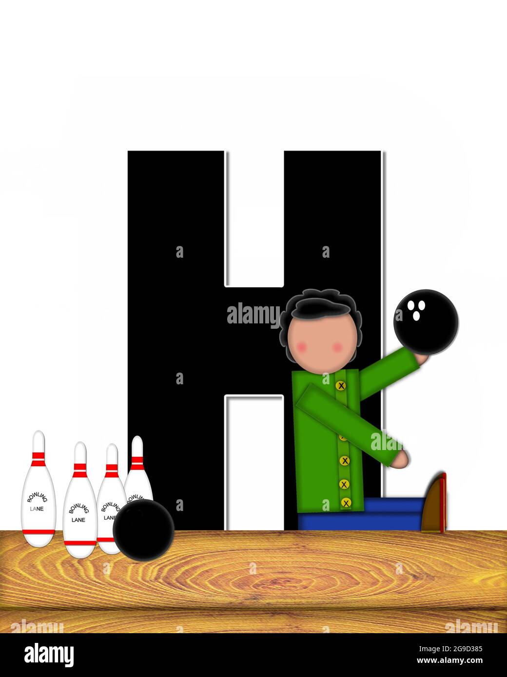 The letter H, in the alphabet set 'Children Bowling Lane,' is decorated wooden floor, bowling pins and bowling ball.  Child is learning the sport of b Stock Photo
