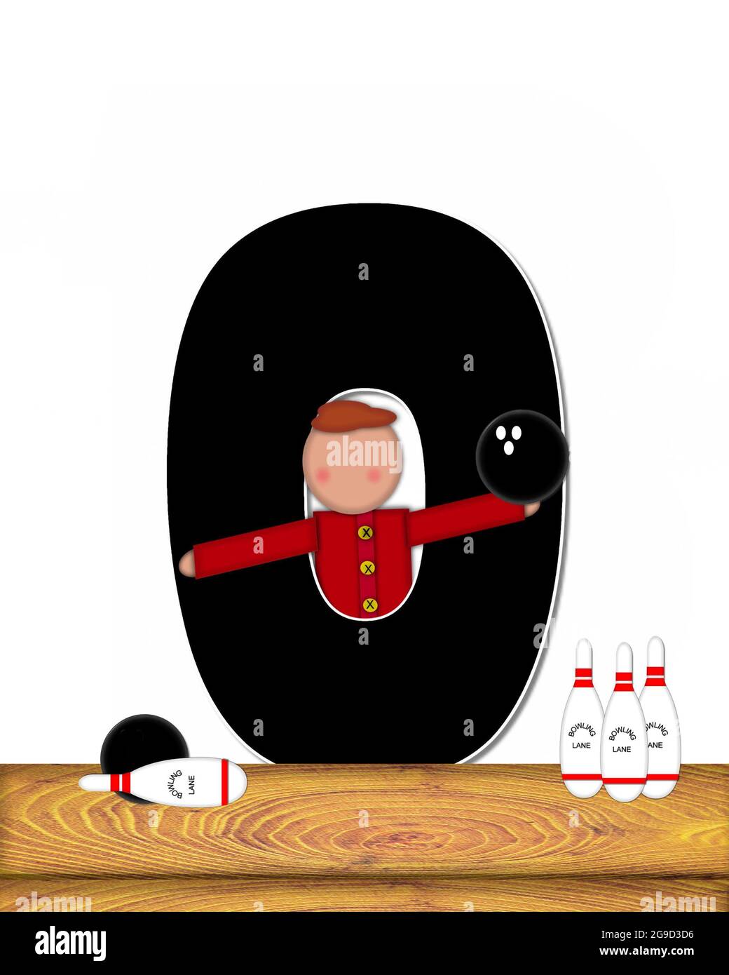 The letter O, in the alphabet set 'Children Bowling Lane,' is decorated wooden floor, bowling pins and bowling ball.  Child is learning the sport of b Stock Photo