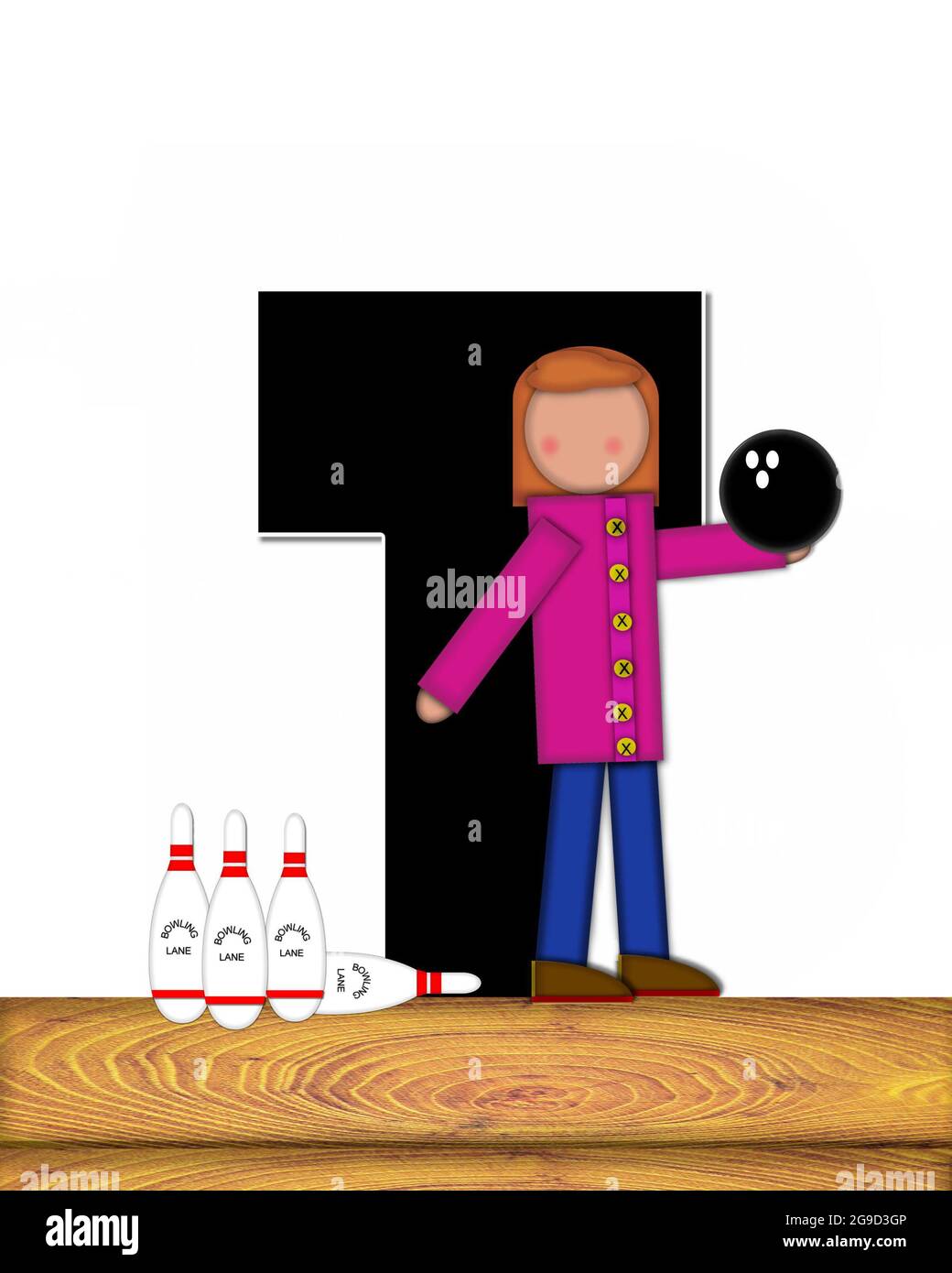 The letter T, in the alphabet set 'Children Bowling Lane,' is decorated wooden floor, bowling pins and bowling ball.  Child is learning the sport of b Stock Photo