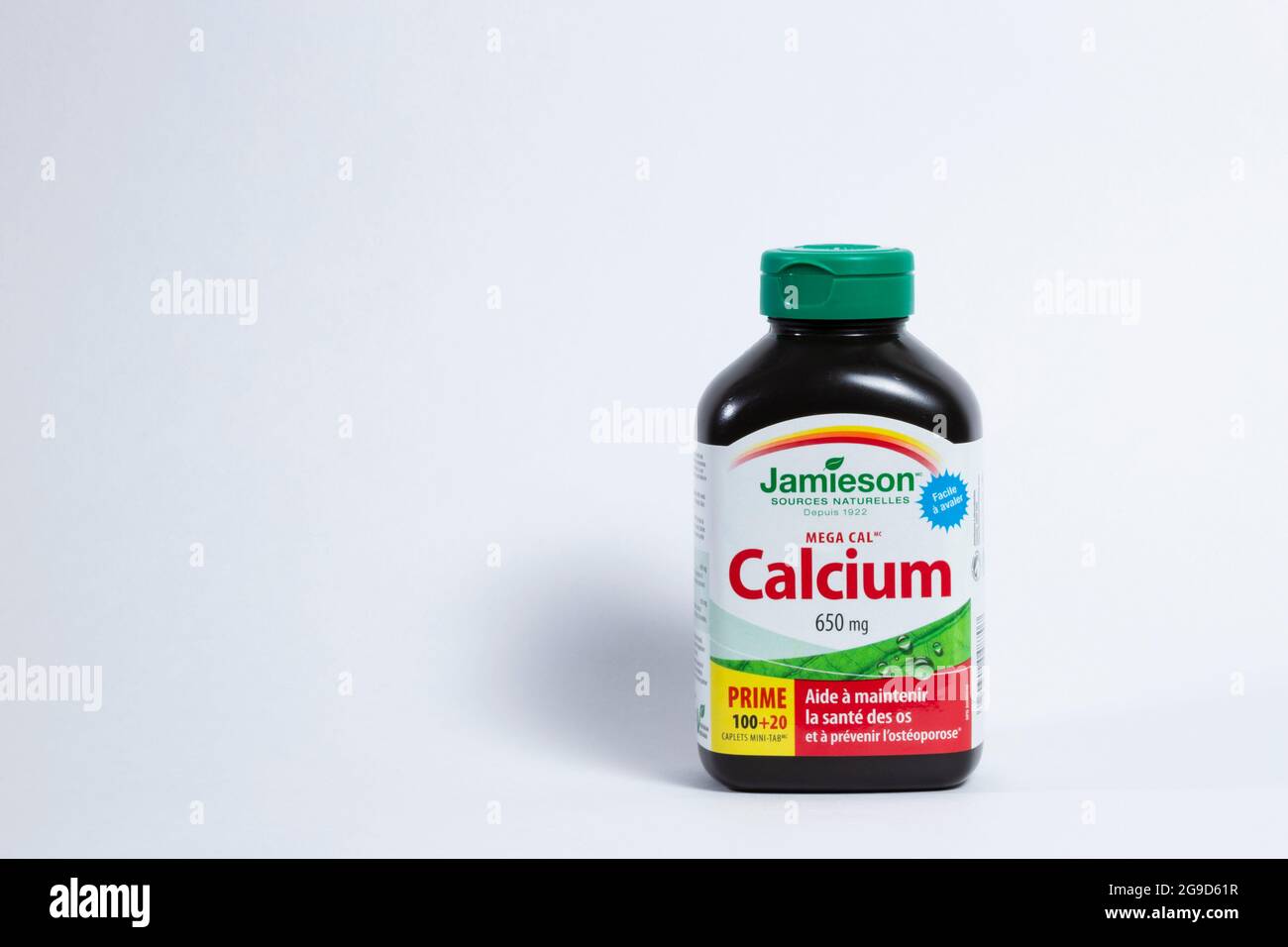 A bottle of Jamieson brand Calcium pills isolated on a white background with copy space. Stock Photo