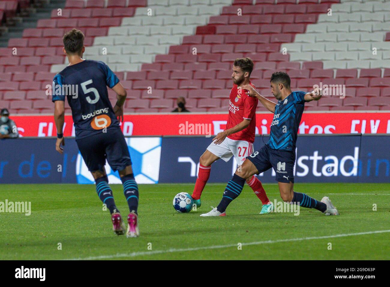 July 25, 2021. Lisbon, Portugal. Benfica's forward from Portugal Rafa Silva (27) and Marseille's defender from Spain Alvaro Gonzalez (3) in action during the friendly game between SL Benfica vs Olympique Marseille Credit: Alexandre de Sousa/Alamy Live News Stock Photo