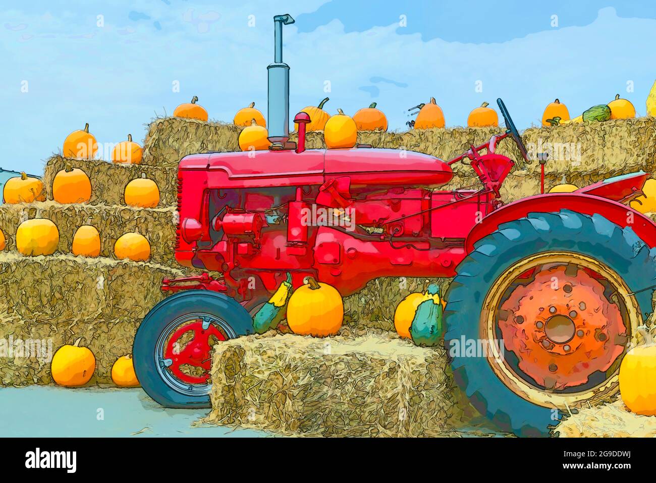 A red tractor stands near briquettes of yellow hay. Orange pumpkins are located on the hay. Blue sky with white clouds at the top. Stock Photo