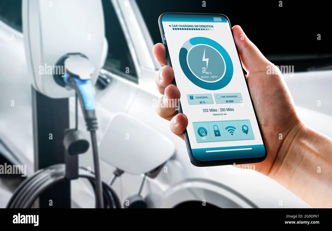 EV charging station for electric car with mobile app display charger