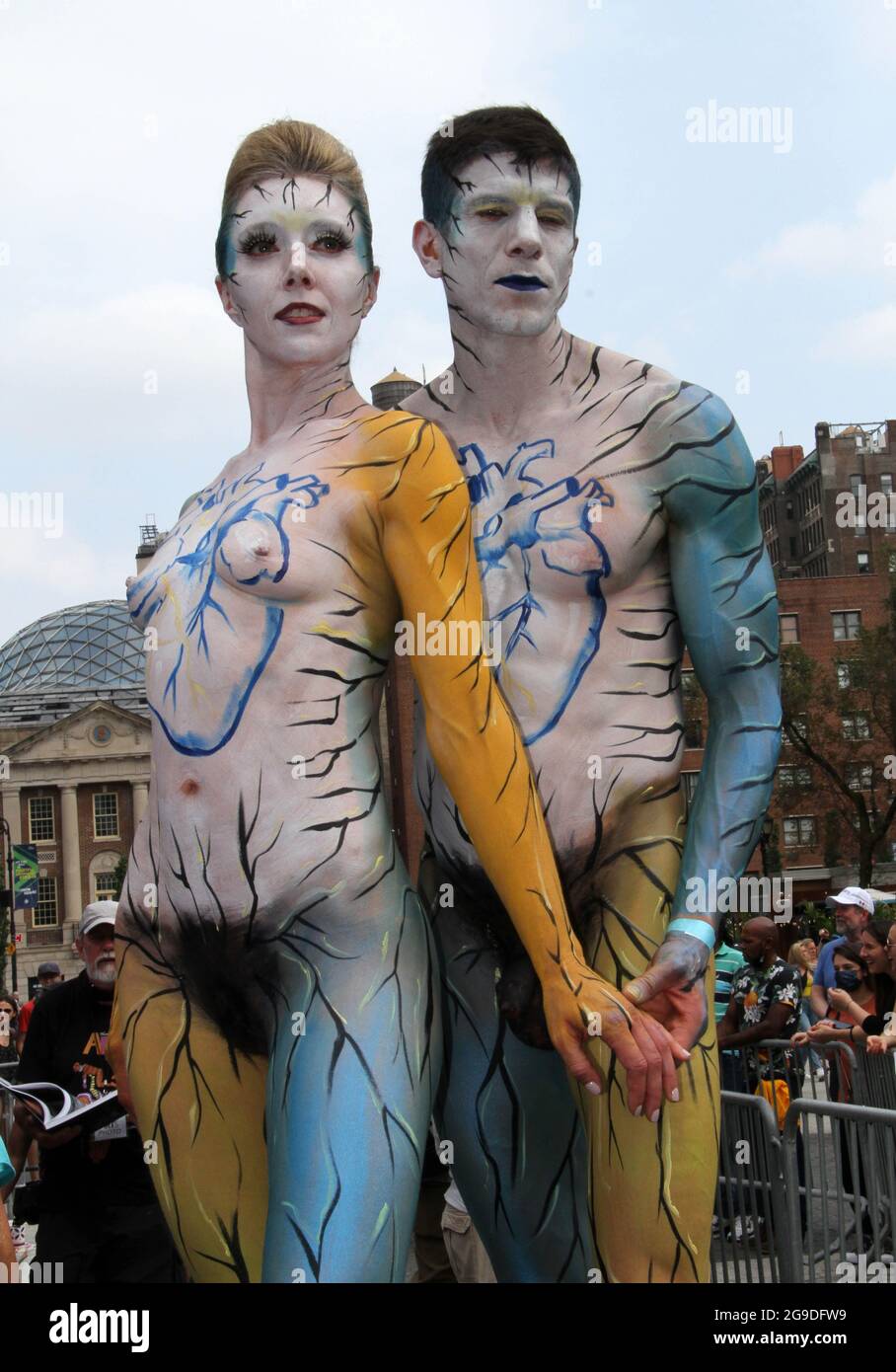 July 25, 2021, New York, New York, USA: New York 8th annual Body Painting Day.cover 50 artists and models came out to showcase there talent and paint living canvasses after the painting portion of the event they all walked down 5th ave to Washington Square park to pose for photographs and then boarded a Double Decker bus to Bushwick Brooklyn to celebrate. (Credit Image: © Bruce Cotler/ZUMA Press Wire) Stock Photo