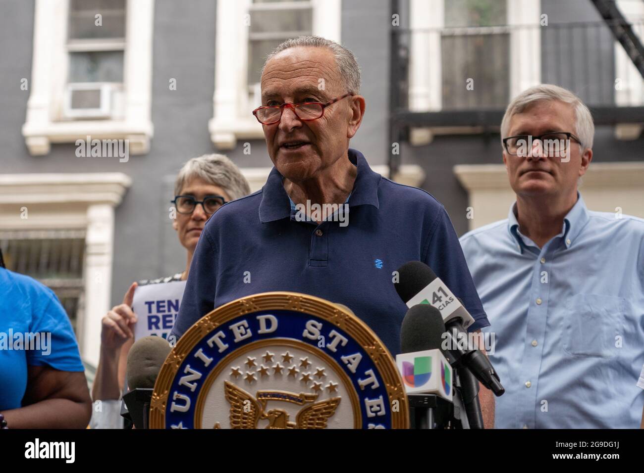 NEW YORK, NY – JULY 25: Senate Majority Leader Senator Chuck Schumer (D-NY) speaks at a press conference at Hells Kitchen on July 25, 2021 in New York City.  Standing alongside NY State Senator Brian Kavanagh, Assembly Member Richard Gottfried and community rent activists Sen. Chuck Schumer says that the Cuomo administration is failing to disburse the $2.4 billion in rent relief meant for New York that could be lost at the end of September if state doesn't release the money to needy tenants who were hit hard during covid-19 pandemic. Credit: Ron Adar/Alamy Live News Stock Photo