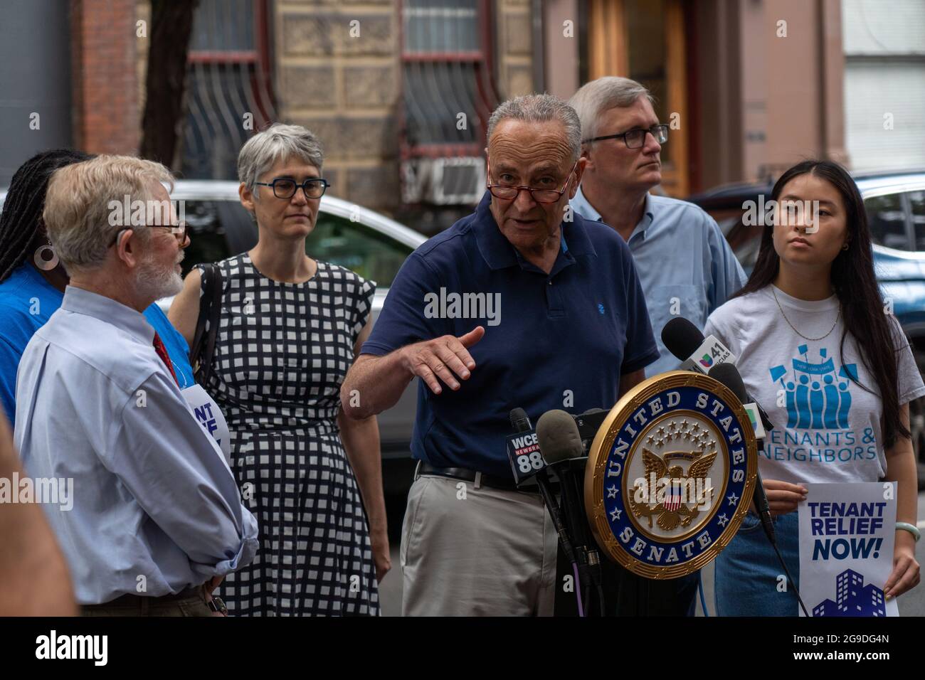 NEW YORK, NY – JULY 25: Senate Majority Leader Senator Chuck Schumer (D-NY) speaks at a press conference at Hells Kitchen on July 25, 2021 in New York City.  Standing alongside NY State Senator Brian Kavanagh, Assembly Member Richard Gottfried and community rent activists Sen. Chuck Schumer says that the Cuomo administration is failing to disburse the $2.4 billion in rent relief meant for New York that could be lost at the end of September if state doesn't release the money to needy tenants who were hit hard during covid-19 pandemic. Credit: Ron Adar/Alamy Live News Stock Photo