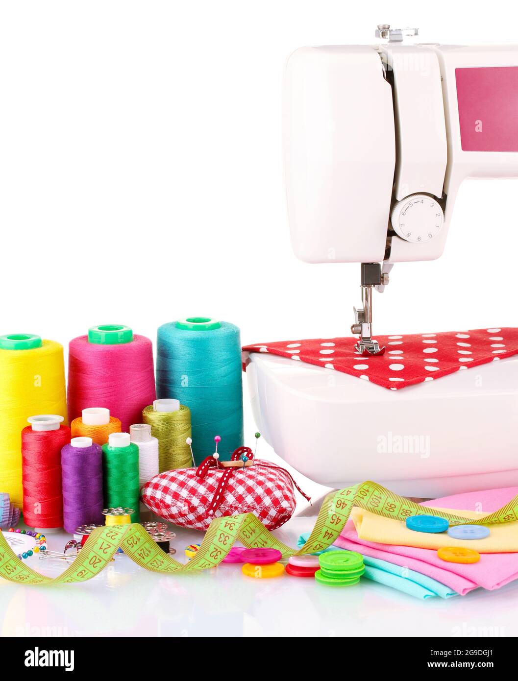 sewing machine and fabric isolated on white Stock Photo Alamy
