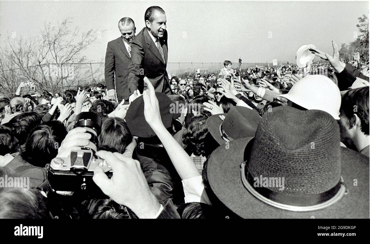 October 29, 1970, Arlington Heights, Illinois, USA: PRESIDENT RICHARD NIXON, center right, campaigns for U.S. SEN. RICHARD SMITH, center left, at Prospect High School in Arlington Heights, Illinois on Thursday October 29, 1970. SMITH, who had been appointed to fill the seat of Sen. Everett McKinley Dirksen after Dirksen died, was defeated by Adlai Stevenson III in his bid to win a full term. (Credit Image: © Mark Hertzberg/ZUMA Press Wire) Stock Photo
