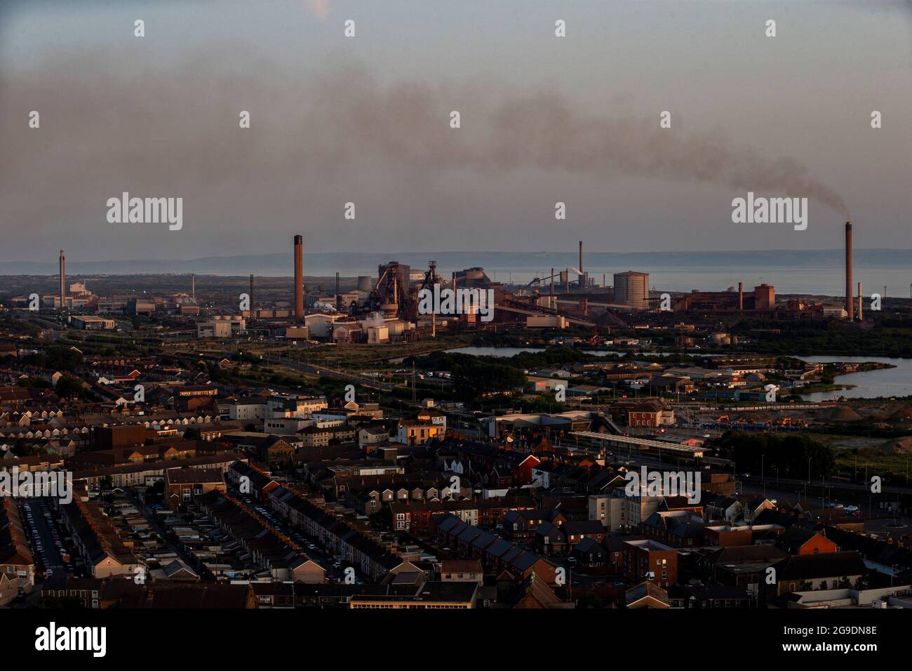 A view of Port Talbot Steelworks, South Wales during sunset on the 20th July 2021. Credit: Lewis Mitchell Stock Photo