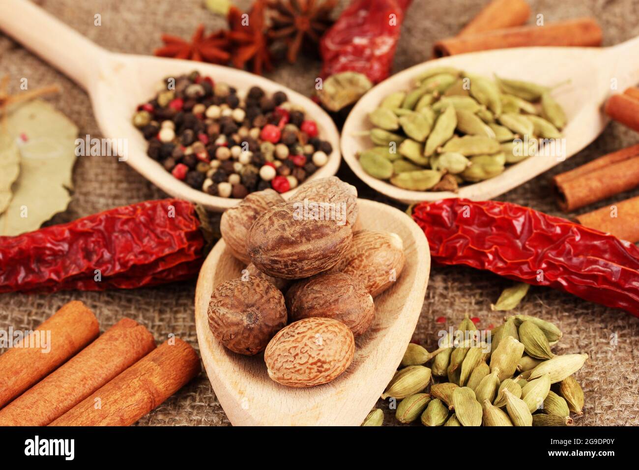 Nutmeg and other spices on sackcloth background Stock Photo Alamy