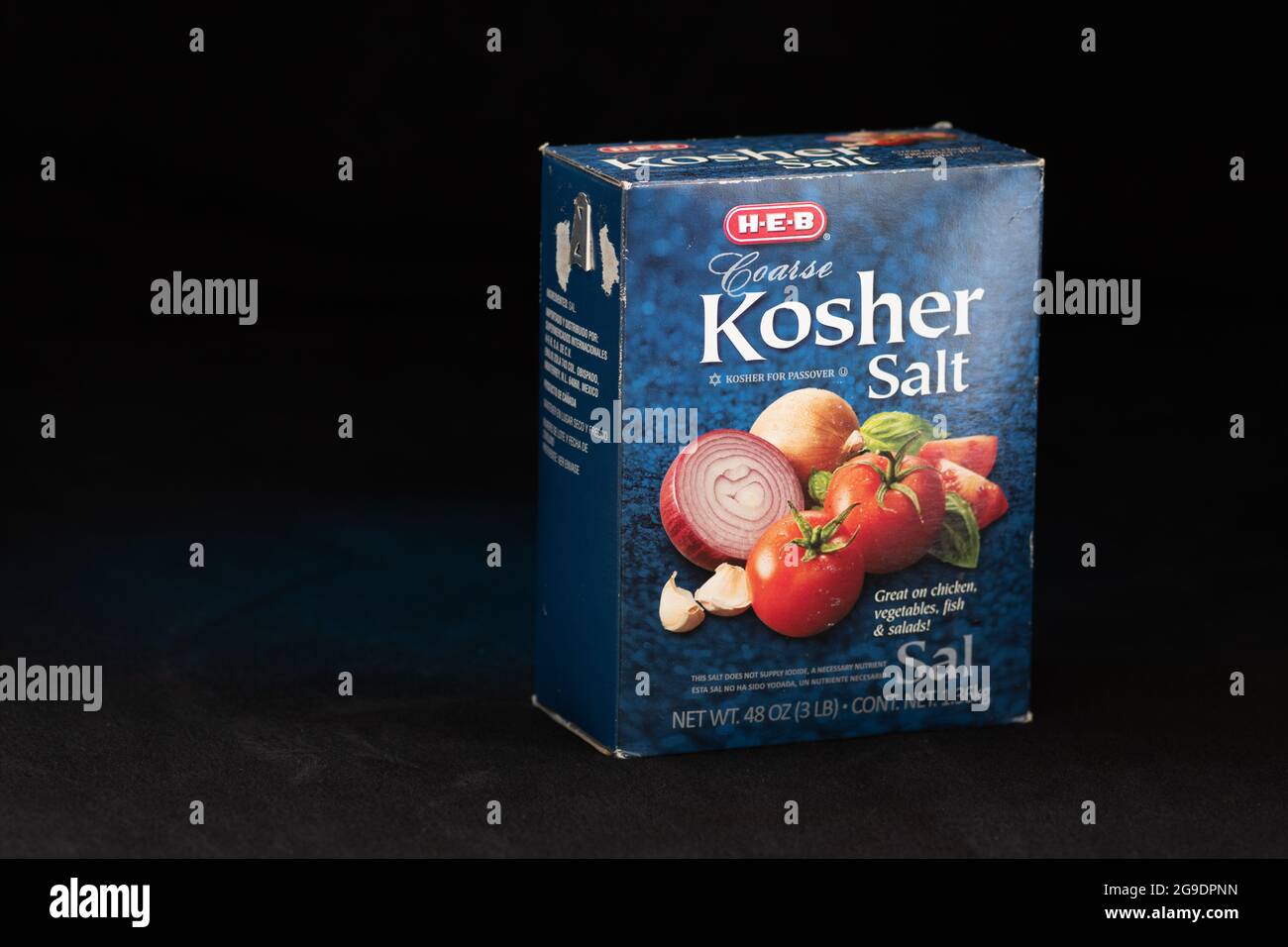 Box of coarse Kosher Salt. Kosher salt is edible without any additives. Kosher salt is typically