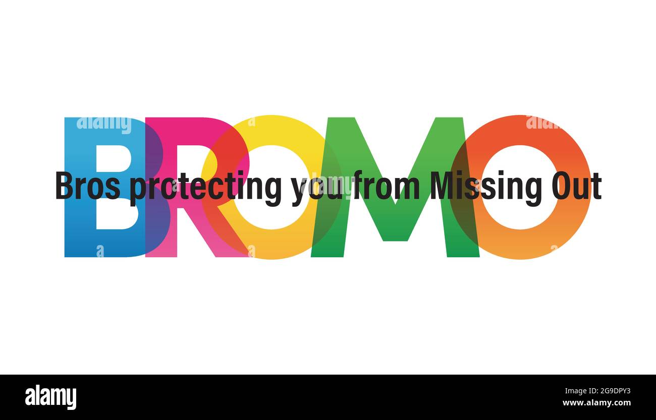 BROMO word vector illustration. Bros Protecting You From Missing Out. Colored rainbow text. Vector banner. Corporate concept. Gradient Text. Transparency Letters. Vector illustration Stock Vector
