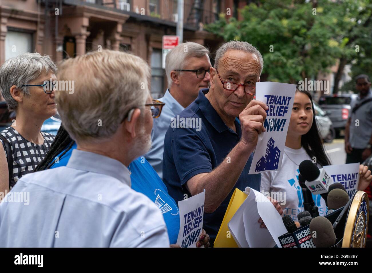 Senate Majority Leader Senator Chuck Schumer (D-NY) speaks at a press conference at Hells Kitchen in New York City.Standing alongside NY State Senator Brian Kavanagh, Assembly Member Richard Gottfried and community rent activists Sen. Chuck Schumer says that the Cuomo administration is failing to disburse the $2.4 billion in rent relief meant for New York that could be lost at the end of September if state doesn't release the money to needy tenants who were hit hard during the covid-19 pandemic. (Photo by Ron Adar/SOPA Images/Sipa USA) Stock Photo