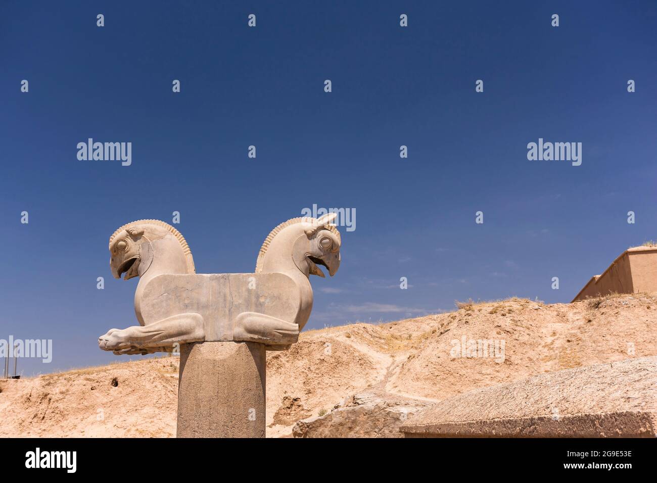Persepolis, double headed homa bird(griffin), stone carving, capital of Achaemenid empire, Fars Province, Iran, Persia, Western Asia, Asia Stock Photo