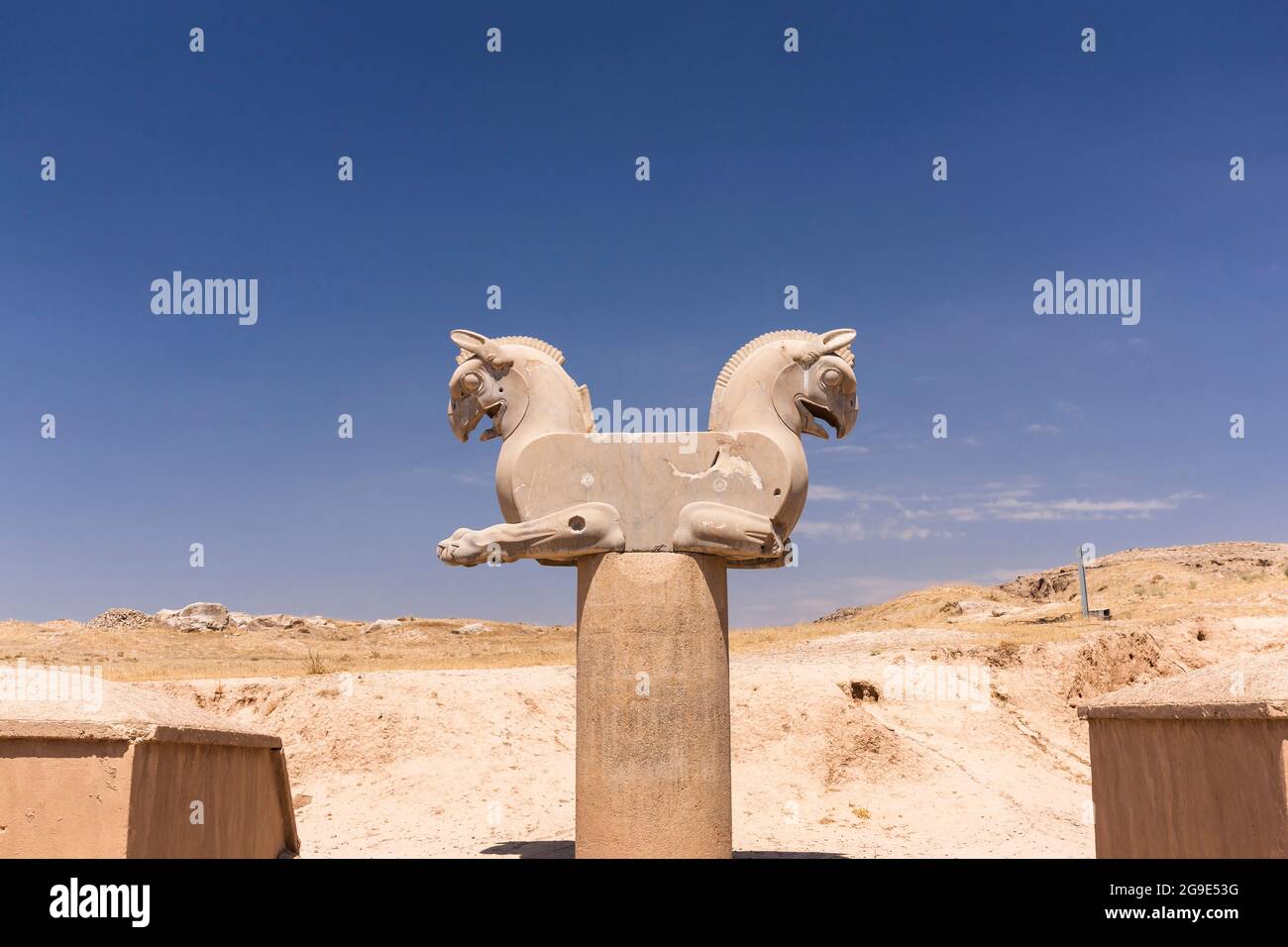Persepolis, double headed homa bird(griffin), stone carving, capital of Achaemenid empire, Fars Province, Iran, Persia, Western Asia, Asia Stock Photo