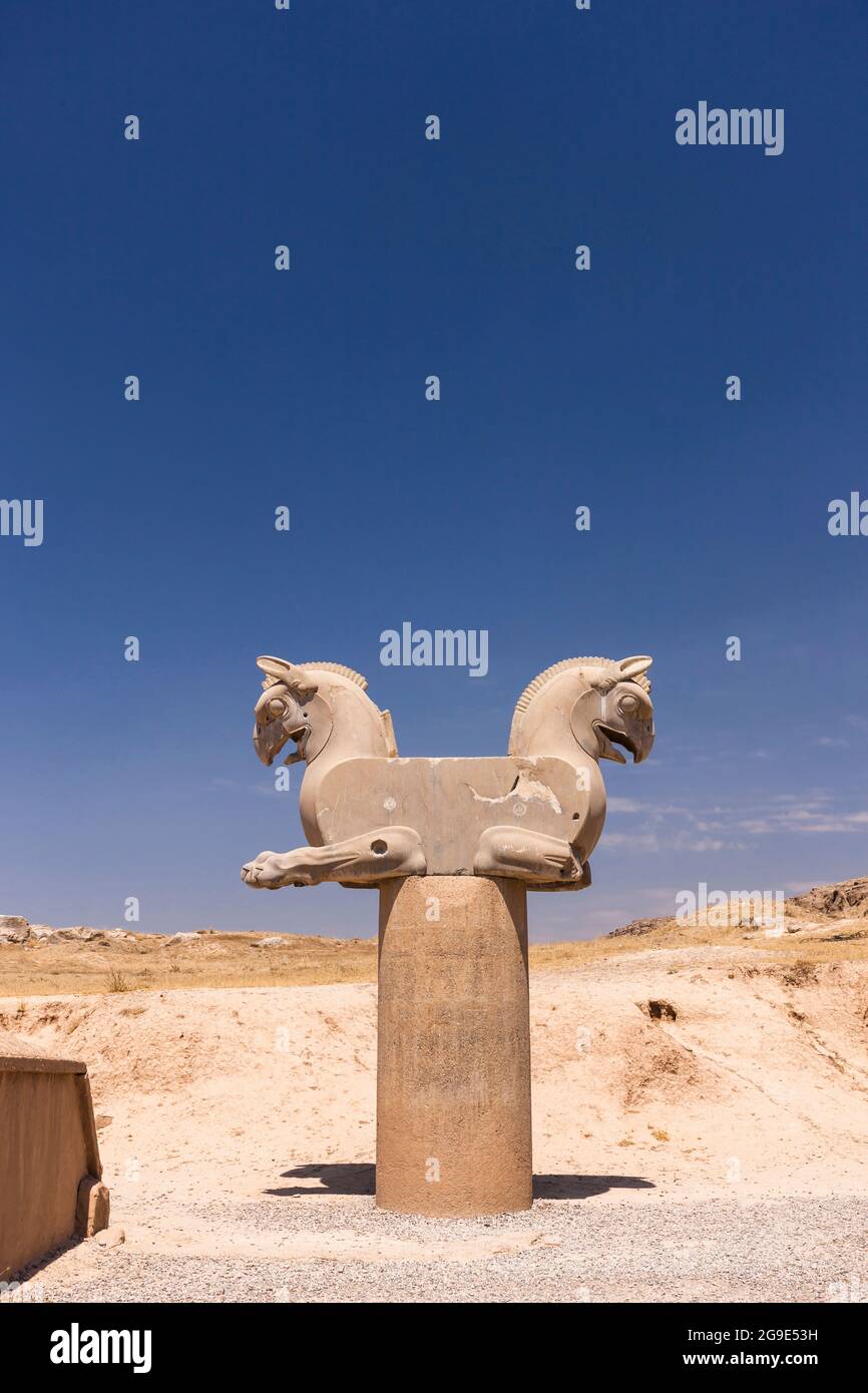 Persepolis, double headed homa bird(griffin), stone carving, capital of Achaemenid empire, Fars Province, Iran, Persia, Western Asia, Asia Stock Photo