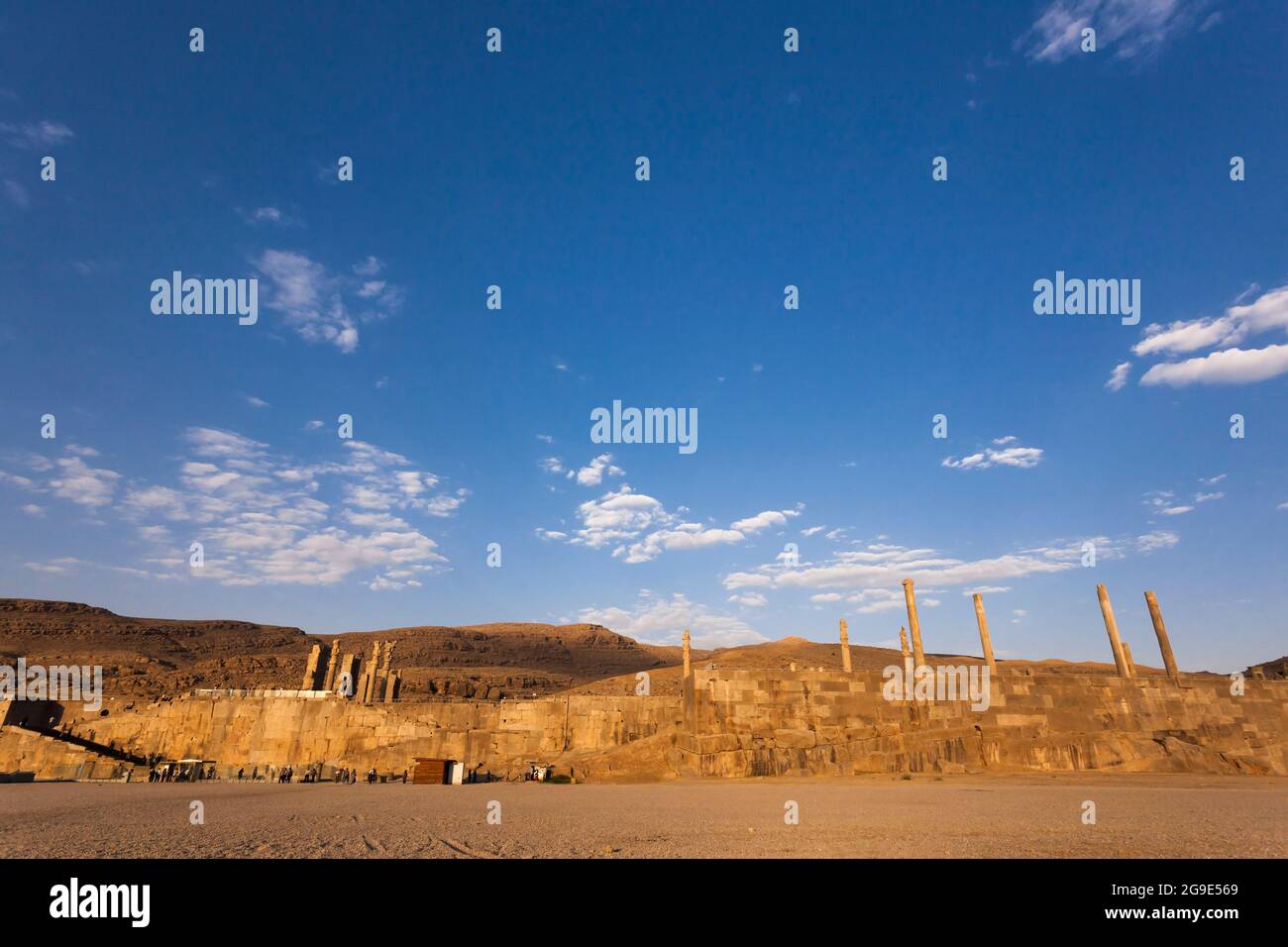 Persepolis, platform of capital complex, evening glow, ceremonial capital of Achaemenid empire, Fars Province, Iran, Persia, Western Asia, Asia Stock Photo