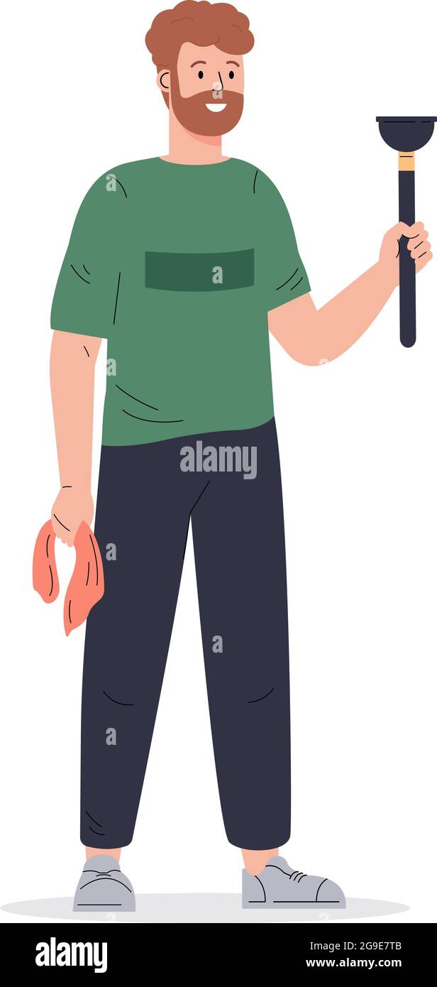 A man with a plunger and a rag Stock Vector