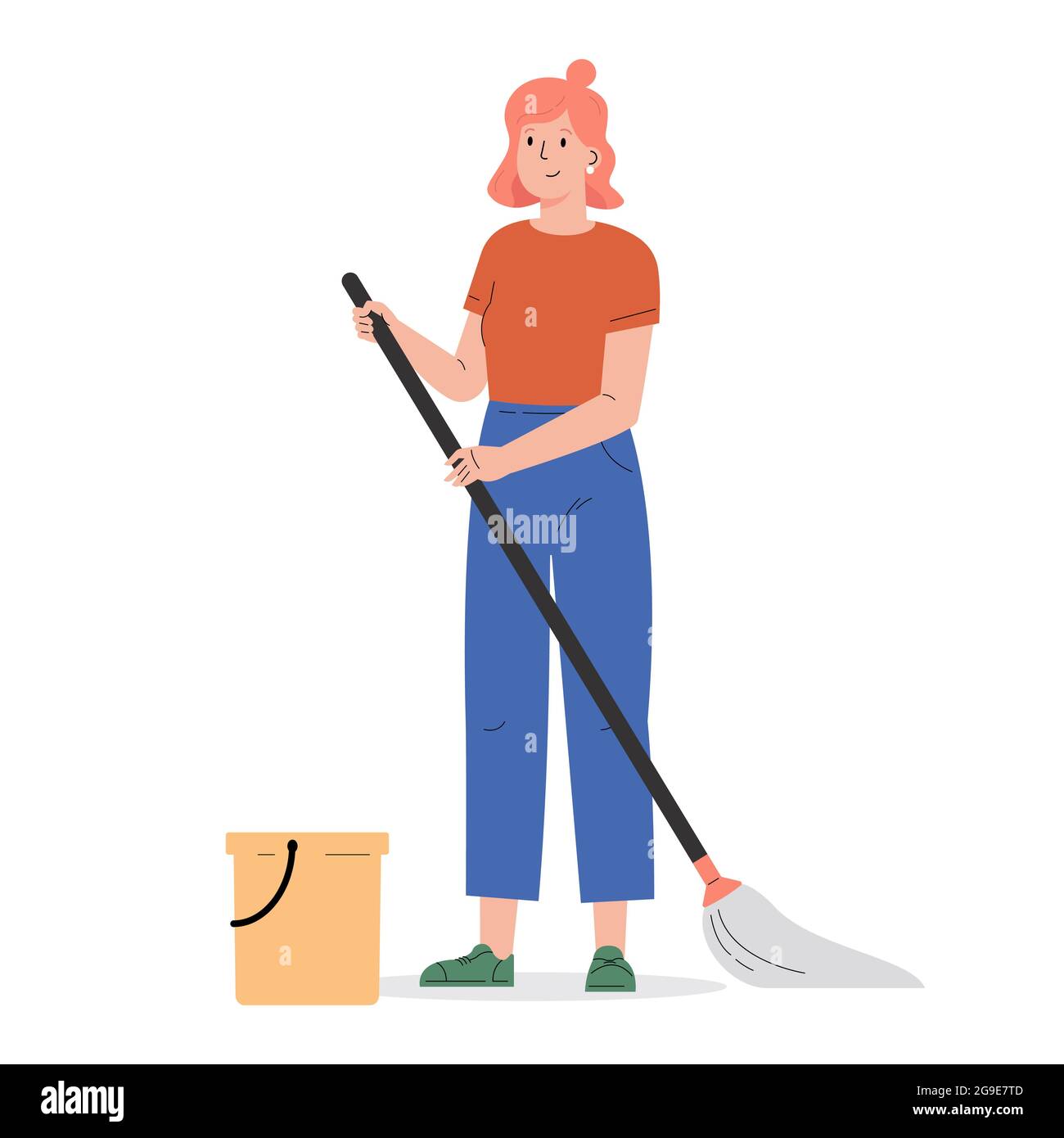 Young woman with a mop and a bucket. Stock Vector