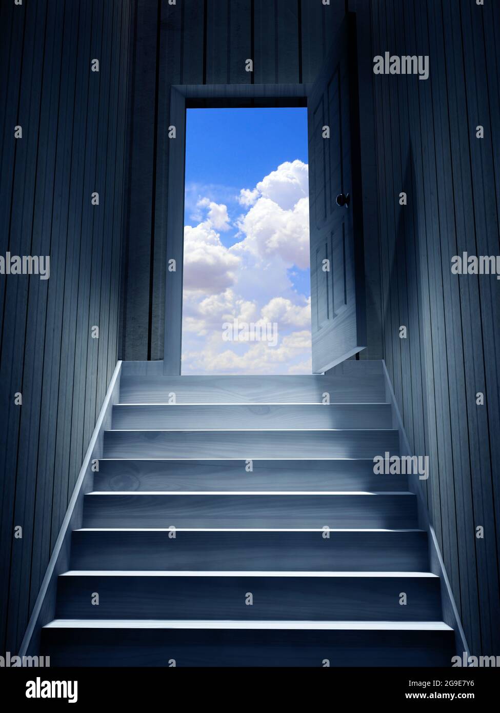 Hope and spirituality concept. Steps leading from a dark basement to open the door. Blue sky with clouds visible through an open door. 3d render Stock Photo