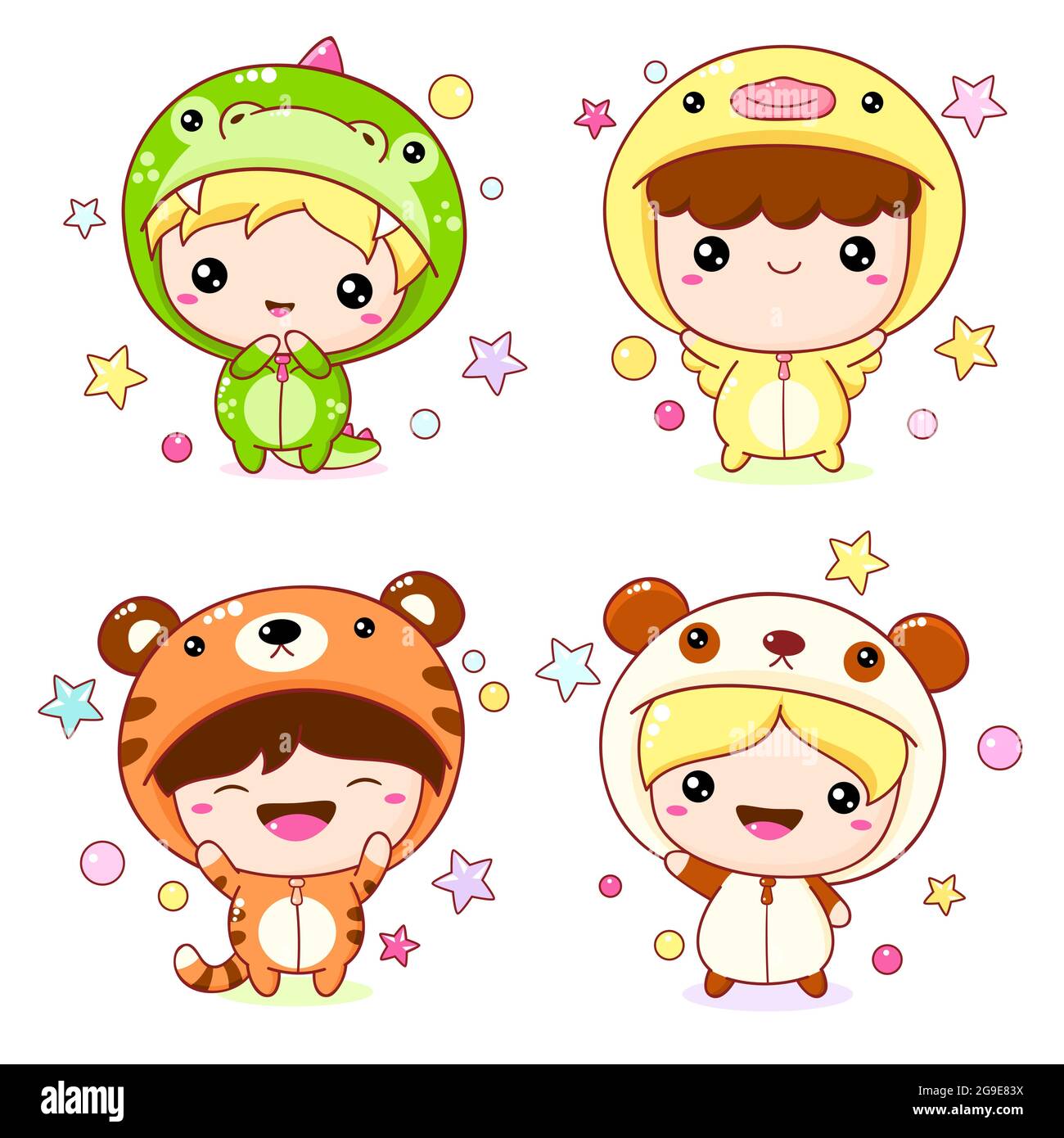 Set of kawaii boy and girl in animal costumes. Collection of cartoon cute  kids in kigurumi pajamas in the form of tiger, panda, duck, dragon. Vector  Stock Vector Image & Art -