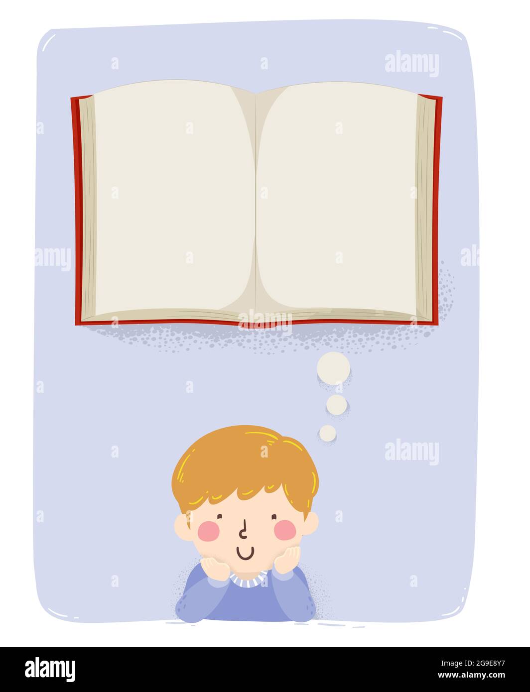 Illustration of a Kid Boy Thinking of an Open Book Stock Photo