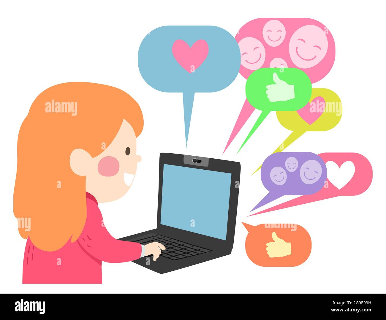 Illustration of a Kid Girl Using the Laptop on Internet Receiving Compliments in Social Media Stock Photo