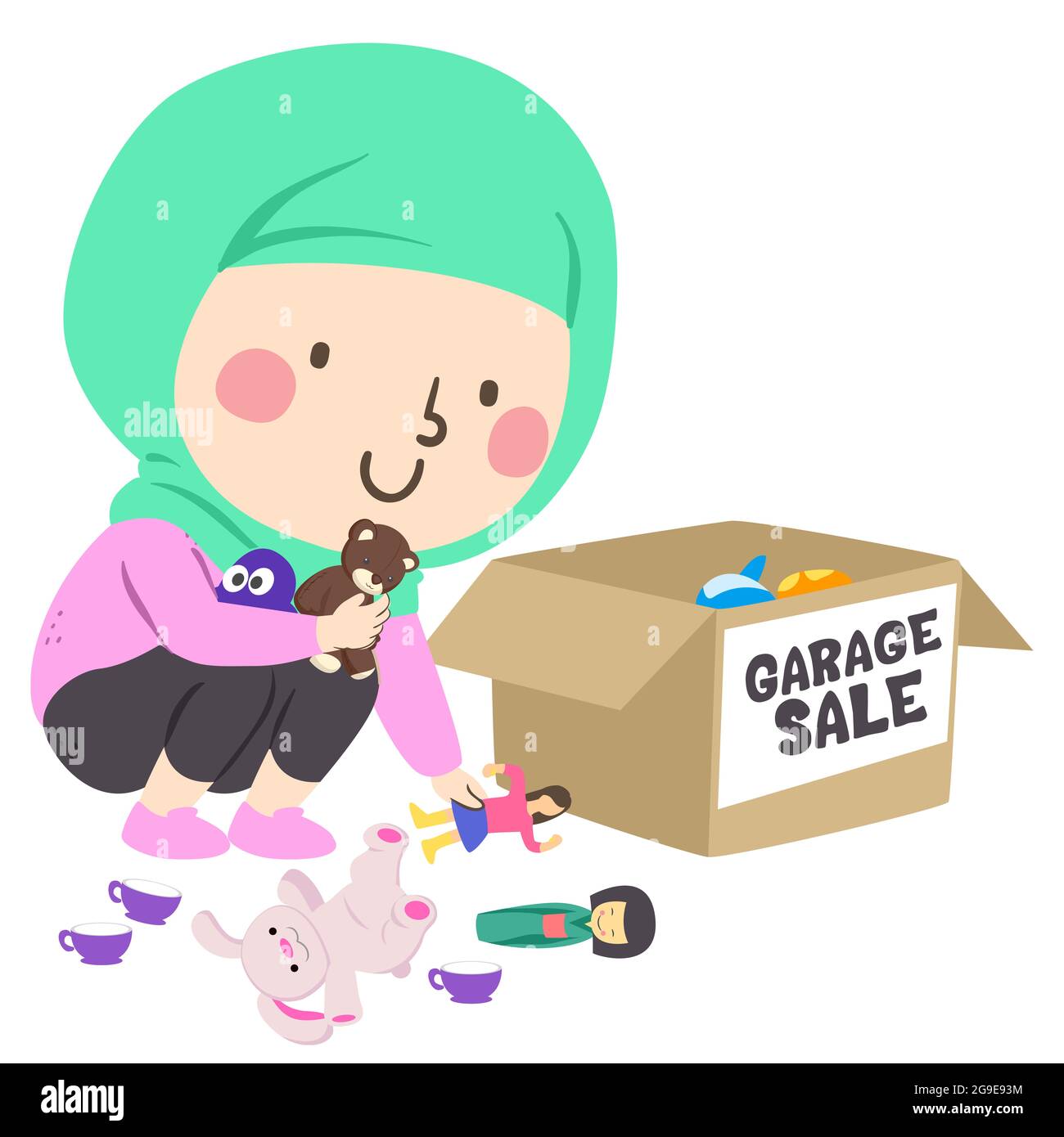 Illustration of a Kid Girl Muslim Placing Toys In Box for Garage Sale Stock Photo