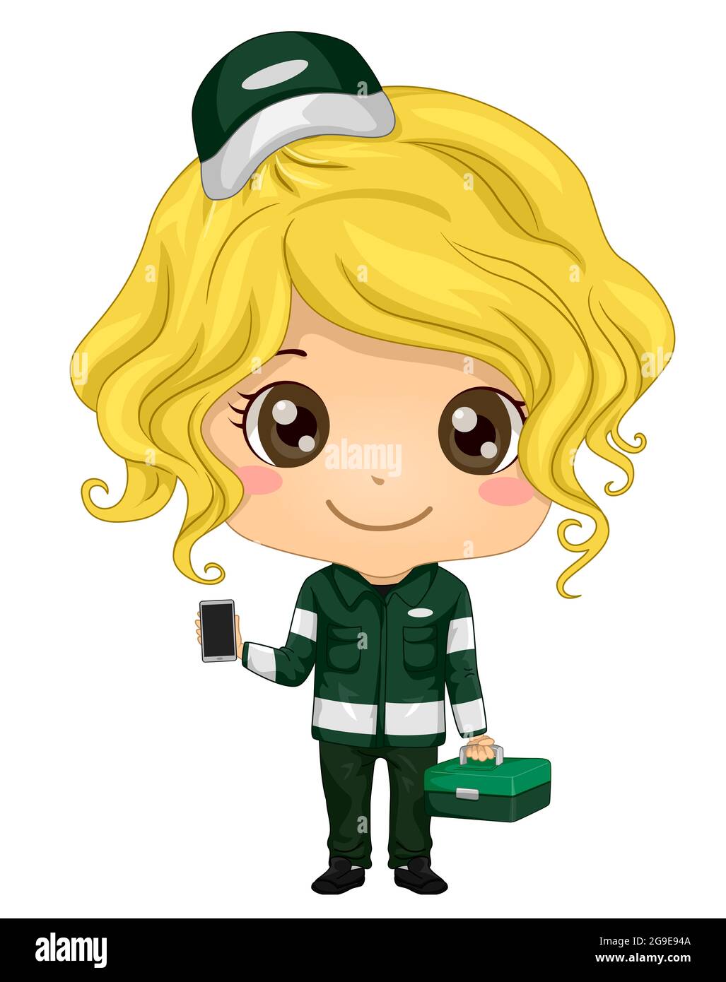 Illustration of a Kid Girl in Paramedic Uniform Flashing Her Mobile Phone and Holding a First Aid Kit Stock Photo