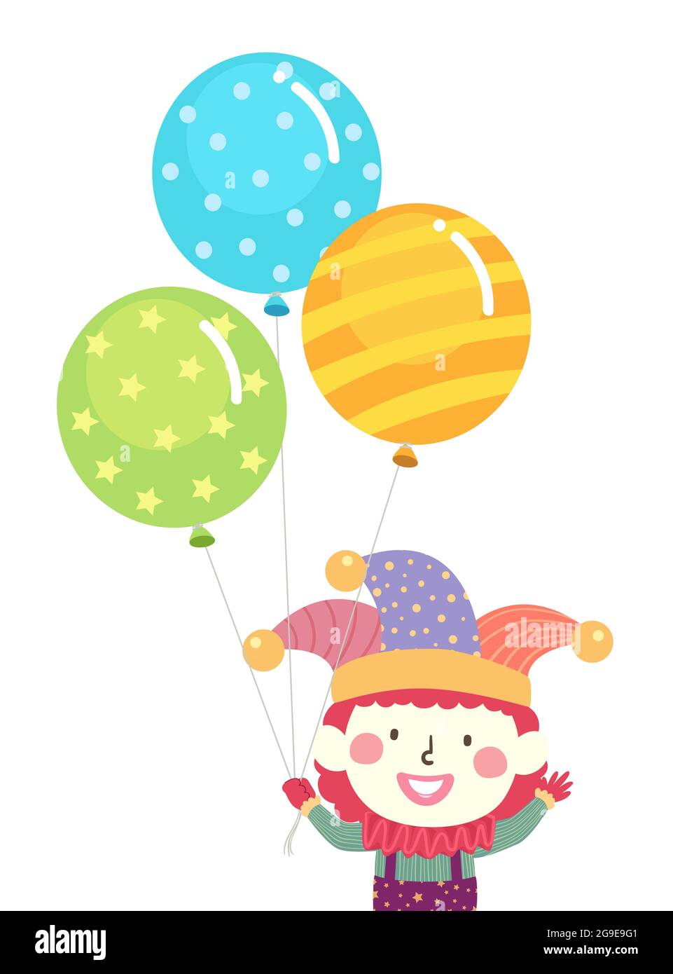 Illustration of a Kid Clown Waving and Holding Balloons Stock Photo - Alamy